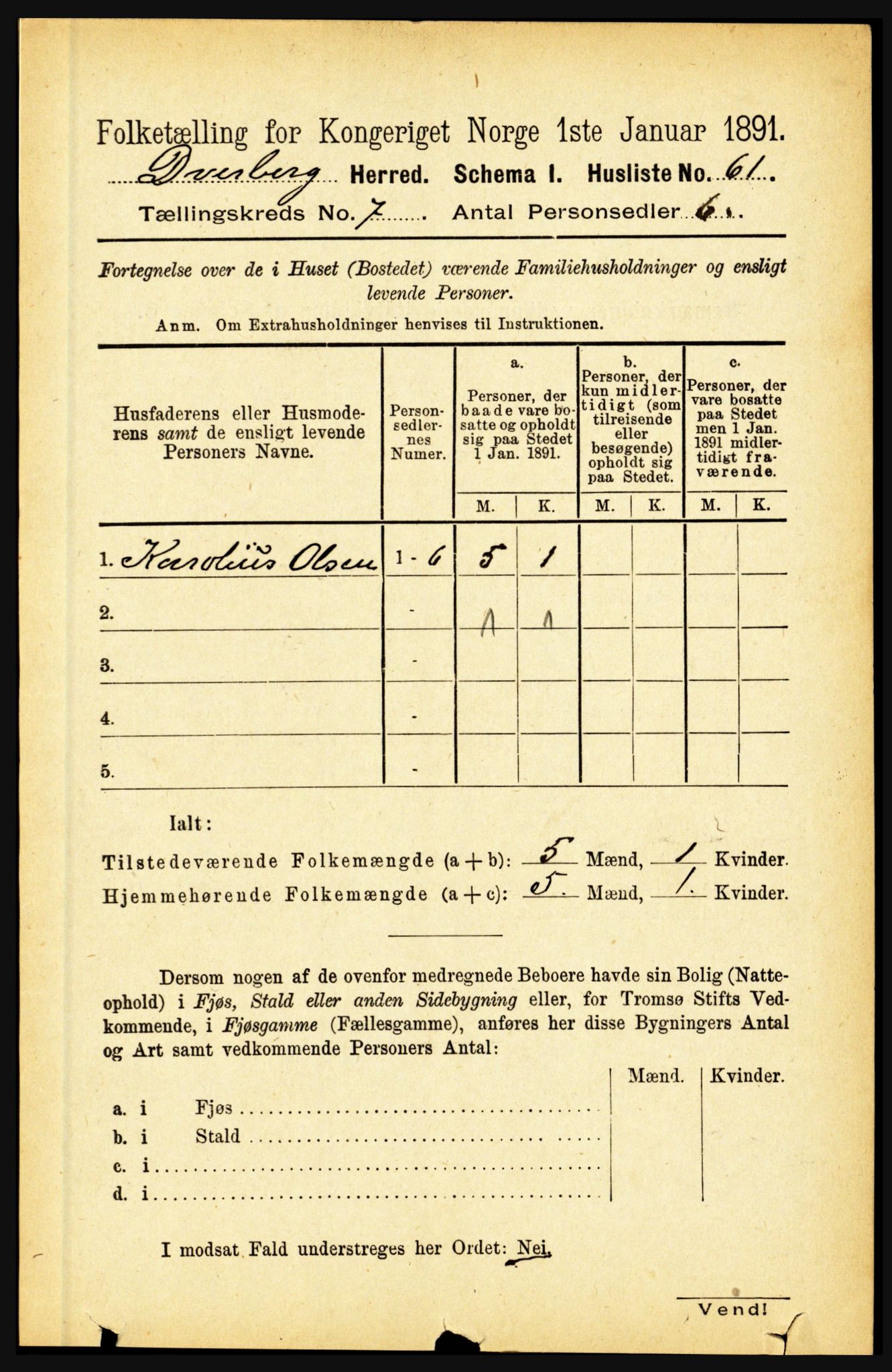 RA, 1891 census for 1872 Dverberg, 1891, p. 2565