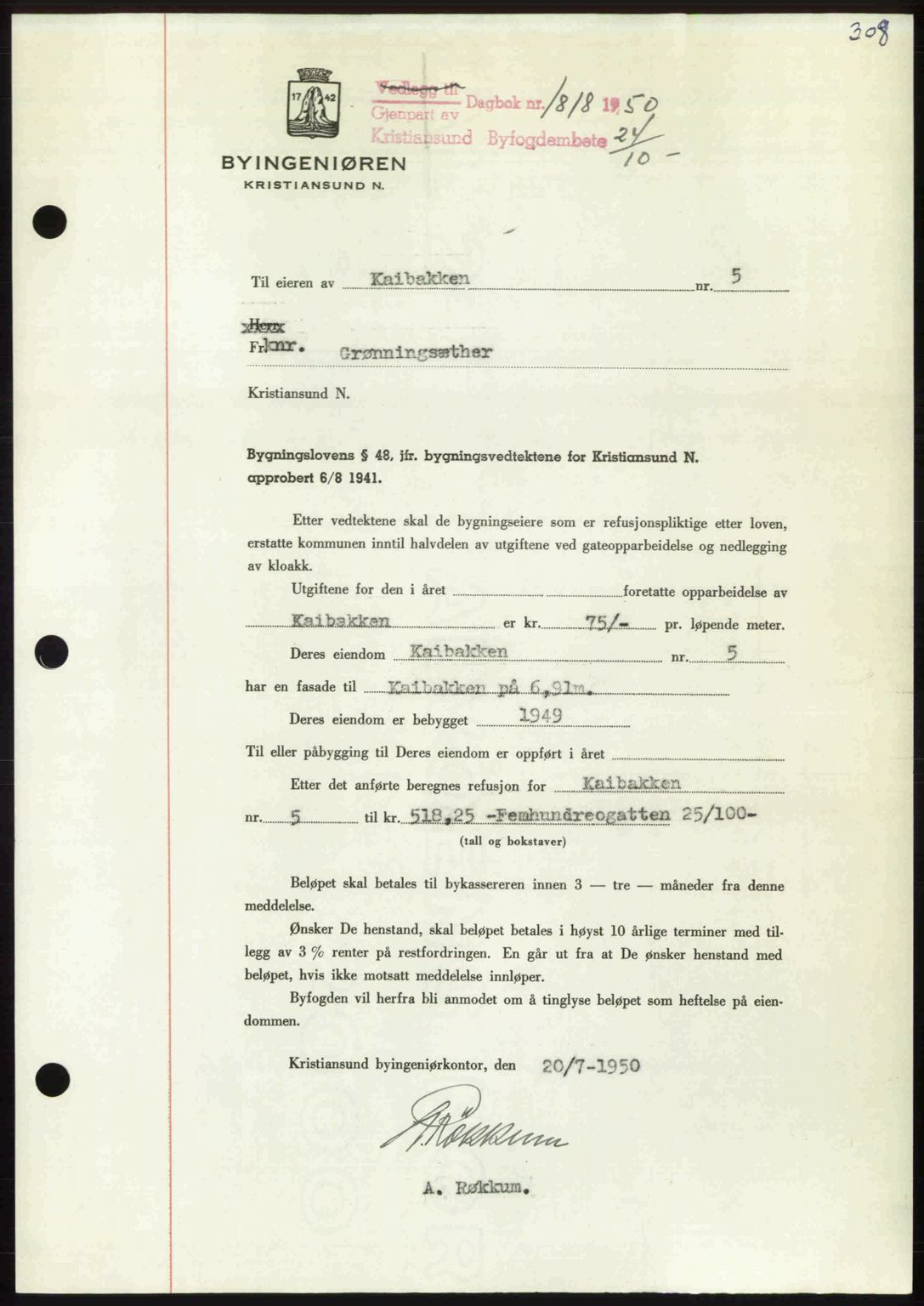 Kristiansund byfogd, AV/SAT-A-4587/A/27: Mortgage book no. 50, 1950-1950, Diary no: : 1818/1950