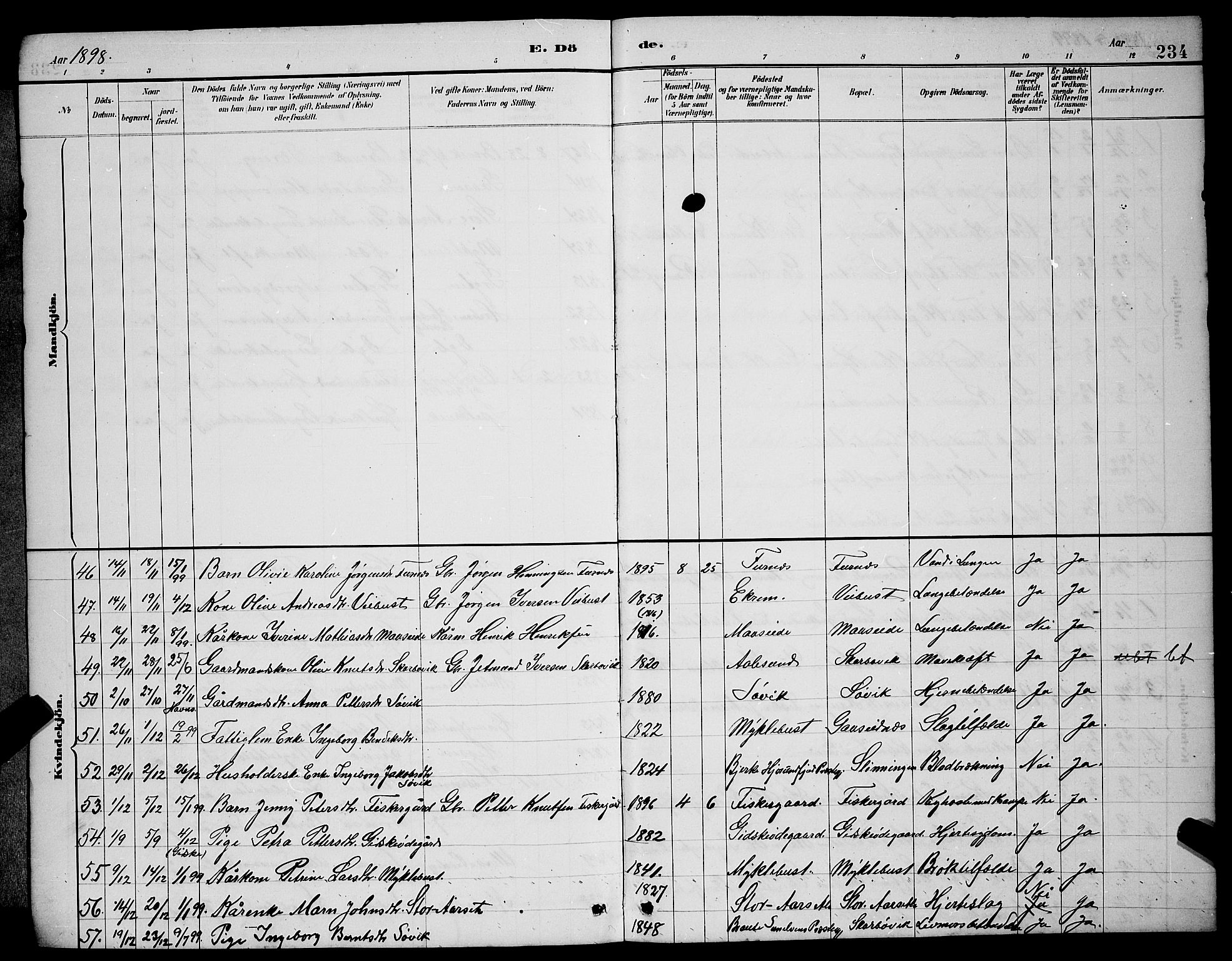 Ministerialprotokoller, klokkerbøker og fødselsregistre - Møre og Romsdal, SAT/A-1454/528/L0430: Parish register (copy) no. 528C11, 1884-1899, p. 234