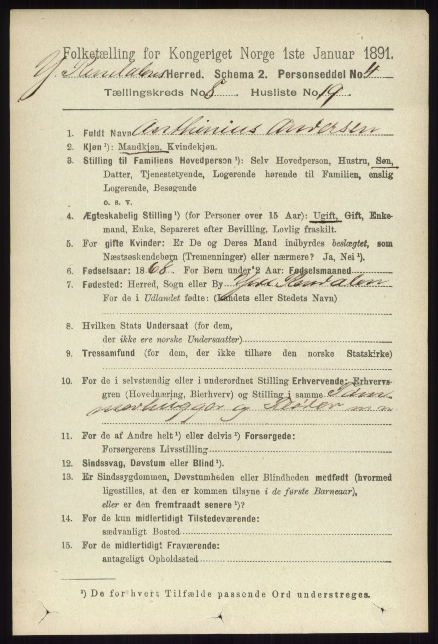 RA, 1891 census for 0432 Ytre Rendal, 1891, p. 2210