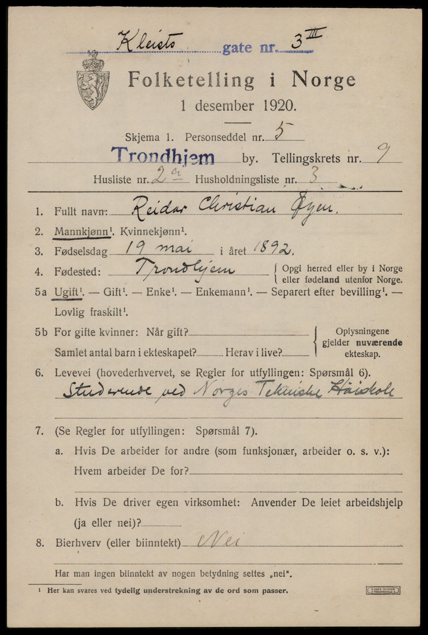 SAT, 1920 census for Trondheim, 1920, p. 43880