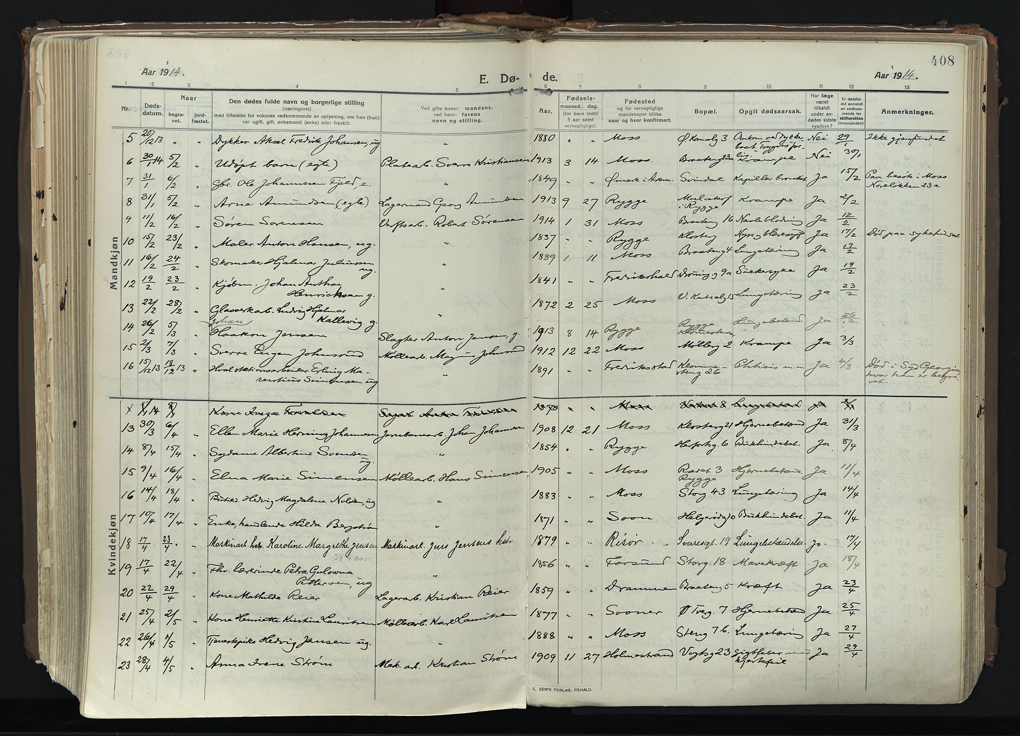 Moss prestekontor Kirkebøker, AV/SAO-A-2003/F/Fb/L0005: Parish register (official) no. II 5, 1913-1923, p. 408