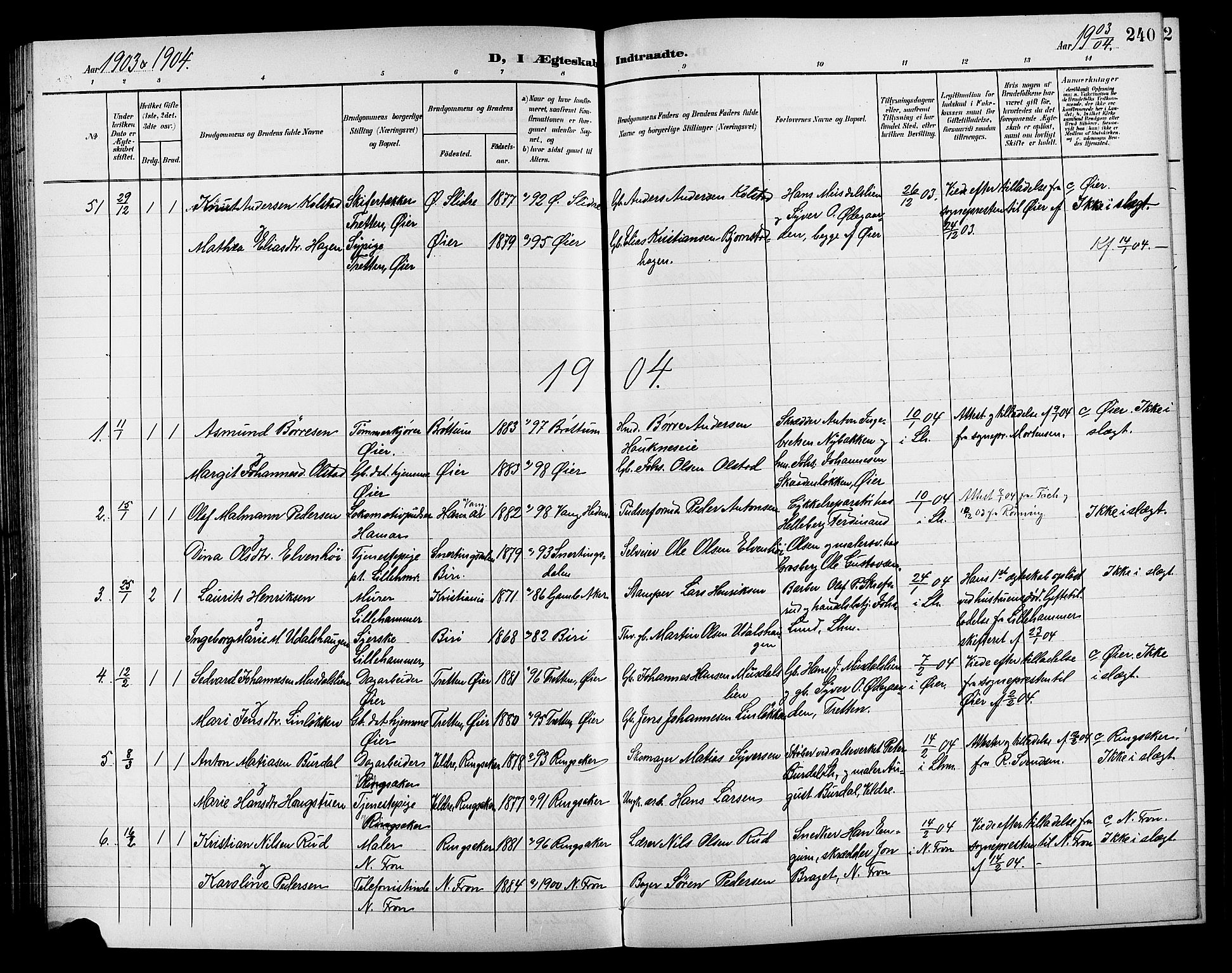 Lillehammer prestekontor, SAH/PREST-088/H/Ha/Hab/L0001: Parish register (copy) no. 1, 1901-1913, p. 240