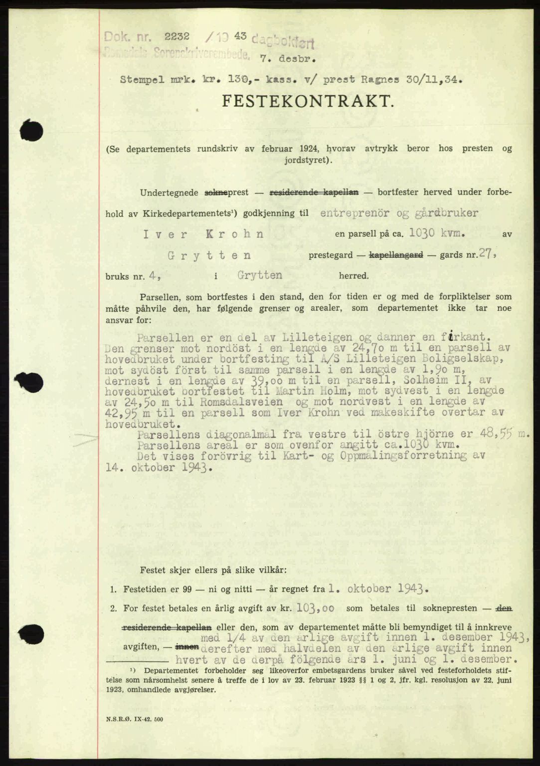 Romsdal sorenskriveri, AV/SAT-A-4149/1/2/2C: Mortgage book no. A15, 1943-1944, Diary no: : 2232/1943