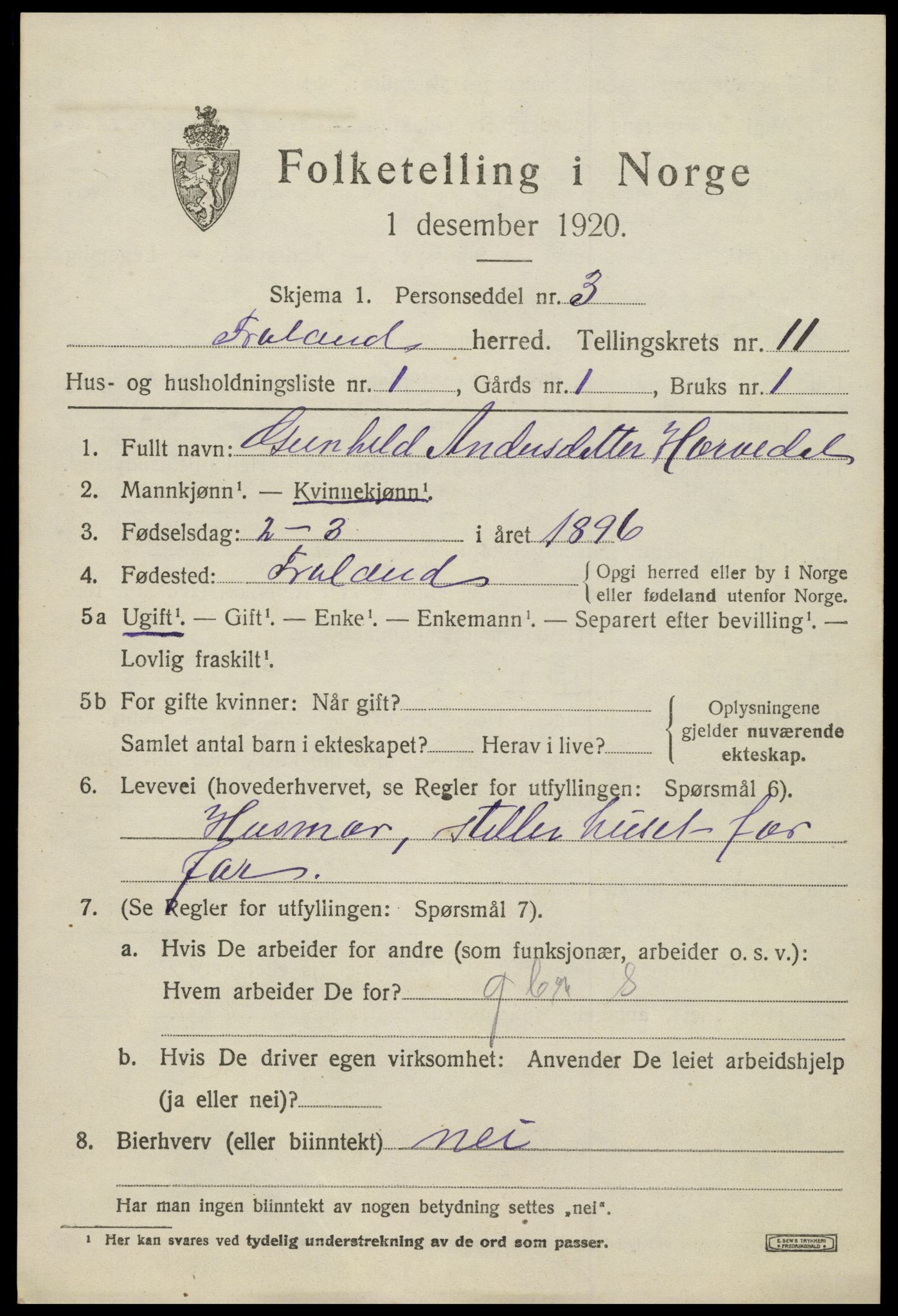 SAK, 1920 census for Froland, 1920, p. 5679