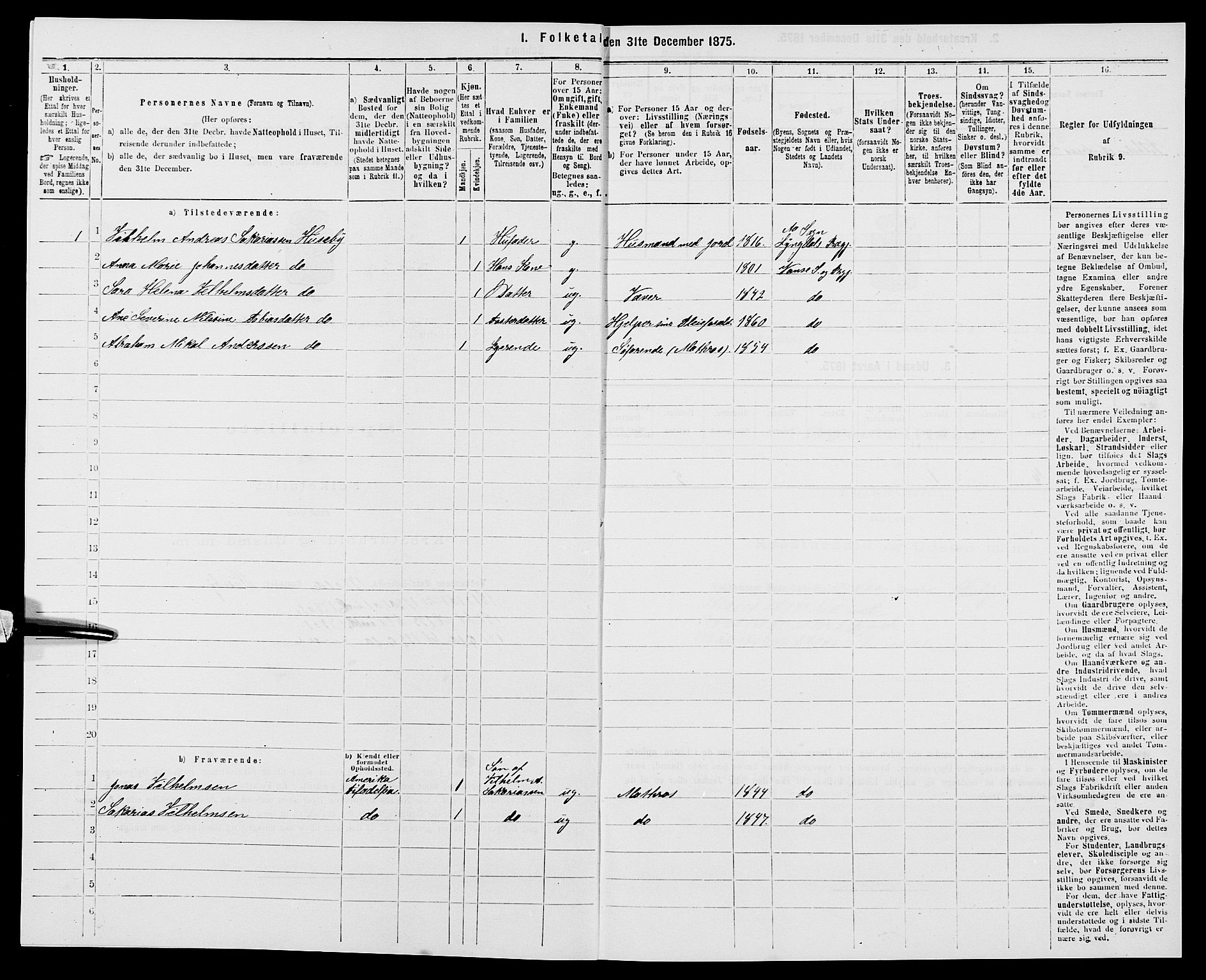 SAK, 1875 census for 1041L Vanse/Vanse og Farsund, 1875, p. 301