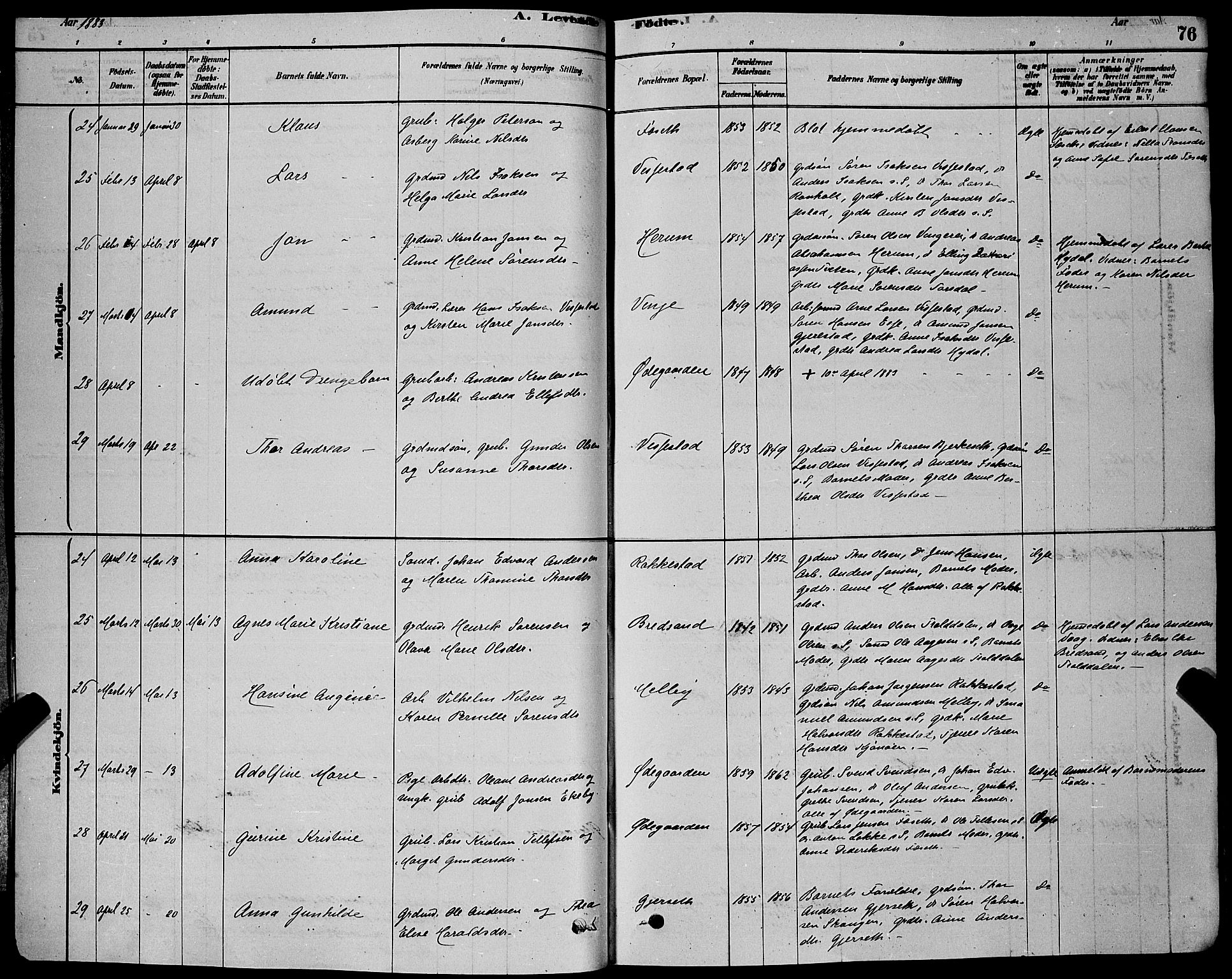 Bamble kirkebøker, AV/SAKO-A-253/G/Ga/L0008: Parish register (copy) no. I 8, 1878-1888, p. 76