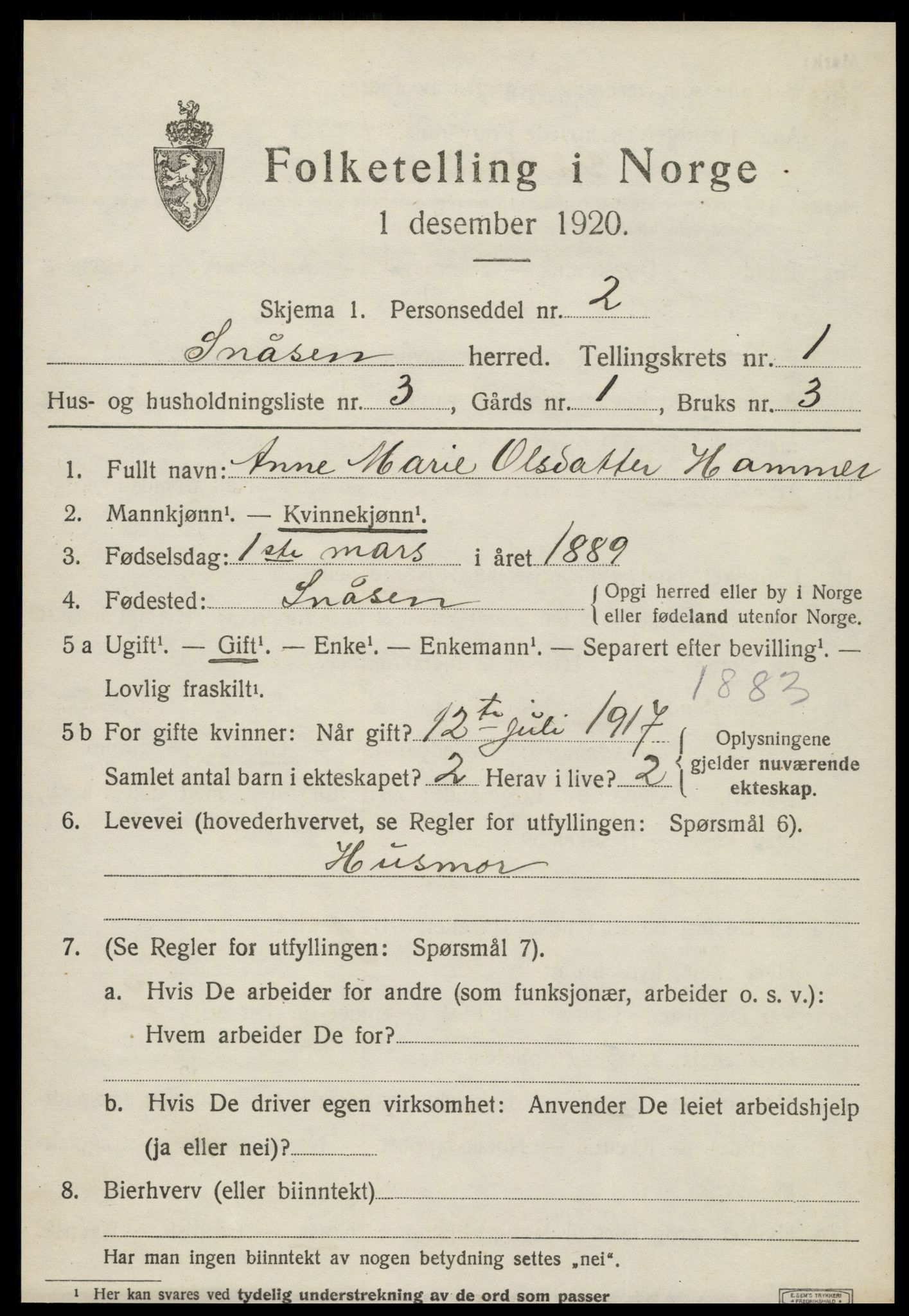 SAT, 1920 census for Snåsa, 1920, p. 1082