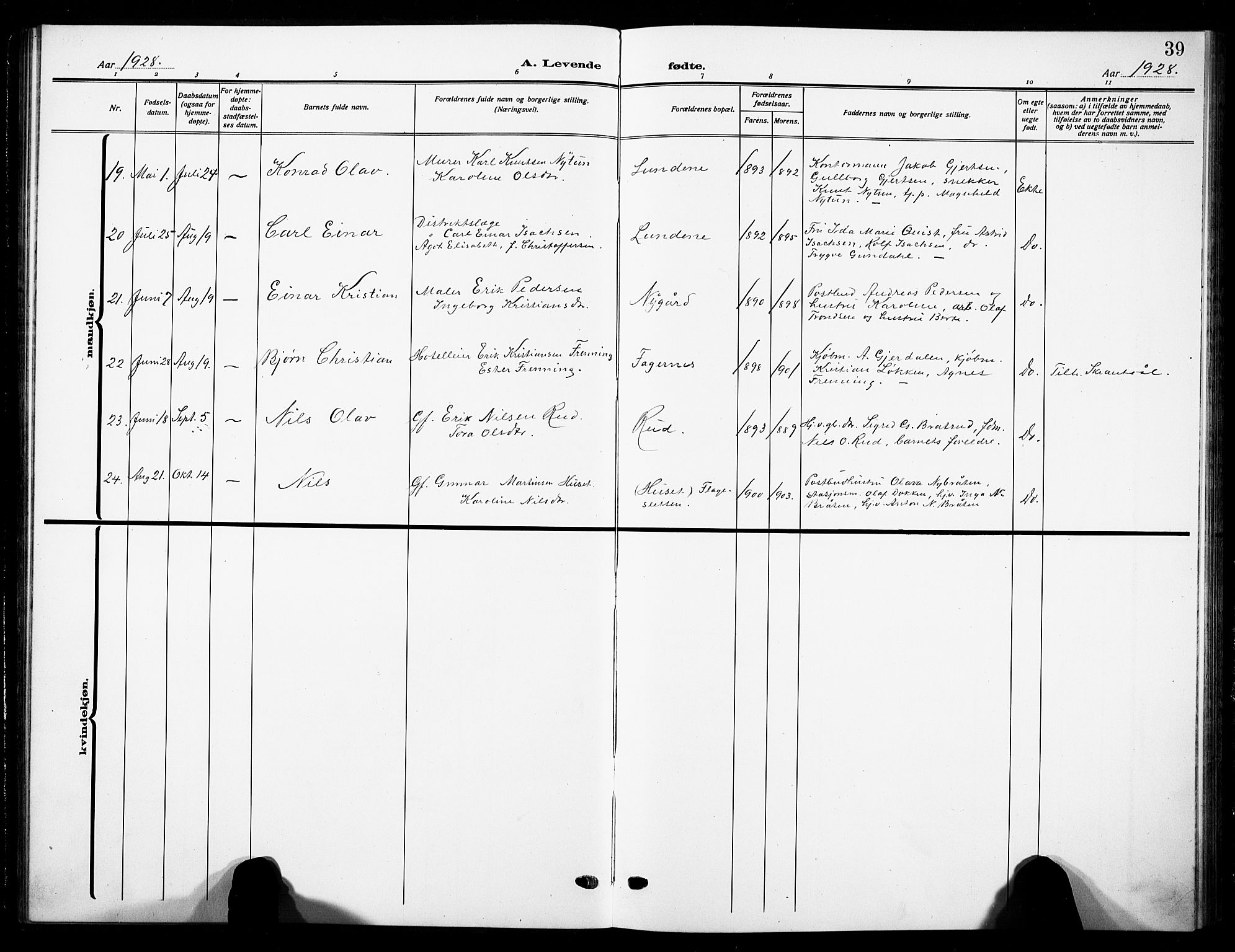 Nord-Aurdal prestekontor, SAH/PREST-132/H/Ha/Hab/L0016: Parish register (copy) no. 16, 1920-1932, p. 39