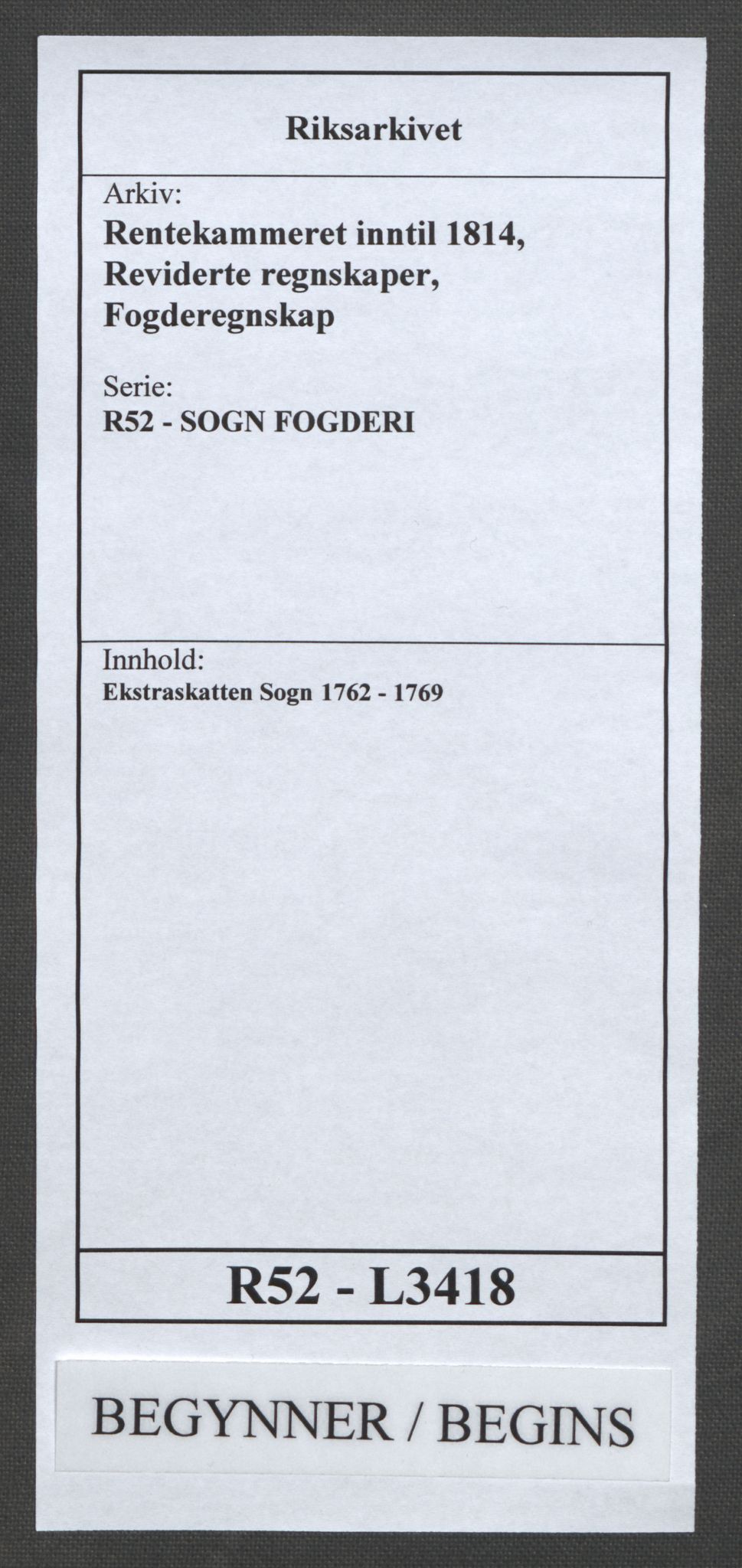 Rentekammeret inntil 1814, Reviderte regnskaper, Fogderegnskap, RA/EA-4092/R52/L3418: Ekstraskatten Sogn, 1762-1769, p. 1