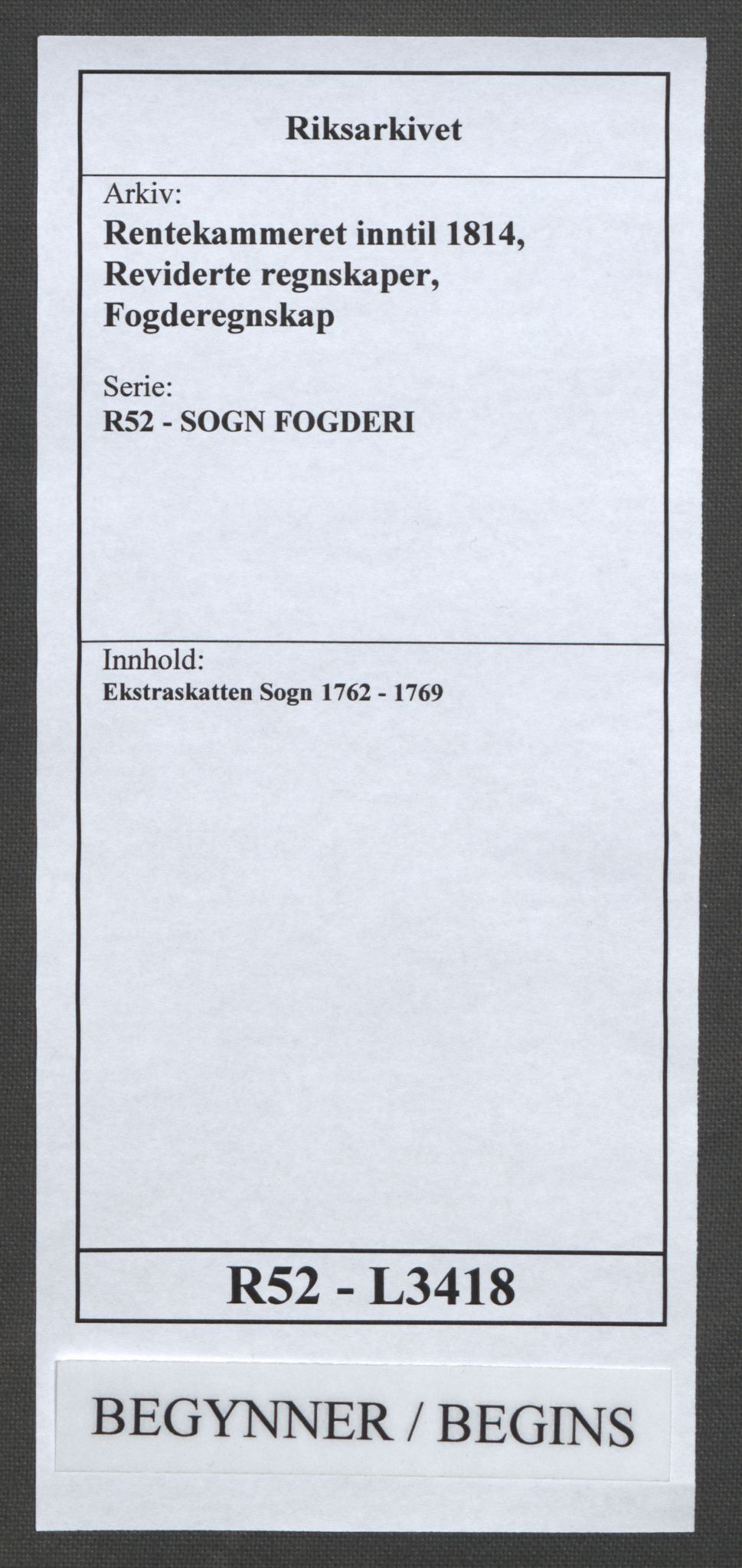 Rentekammeret inntil 1814, Reviderte regnskaper, Fogderegnskap, AV/RA-EA-4092/R52/L3418: Ekstraskatten Sogn, 1762-1769, p. 1