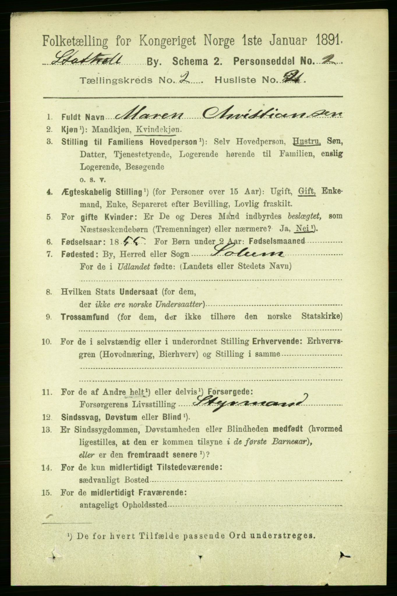 RA, 1891 census for 0803 Stathelle, 1891, p. 227