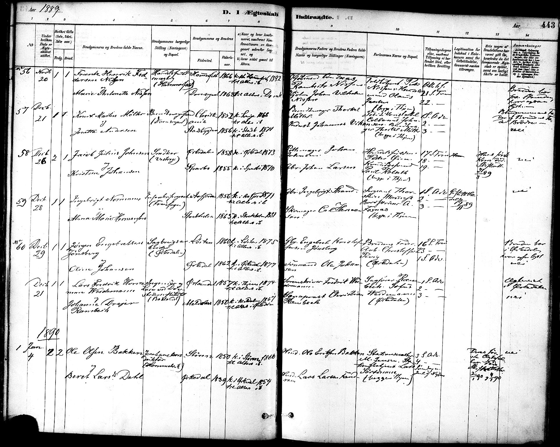 Ministerialprotokoller, klokkerbøker og fødselsregistre - Sør-Trøndelag, SAT/A-1456/601/L0058: Parish register (official) no. 601A26, 1877-1891, p. 443