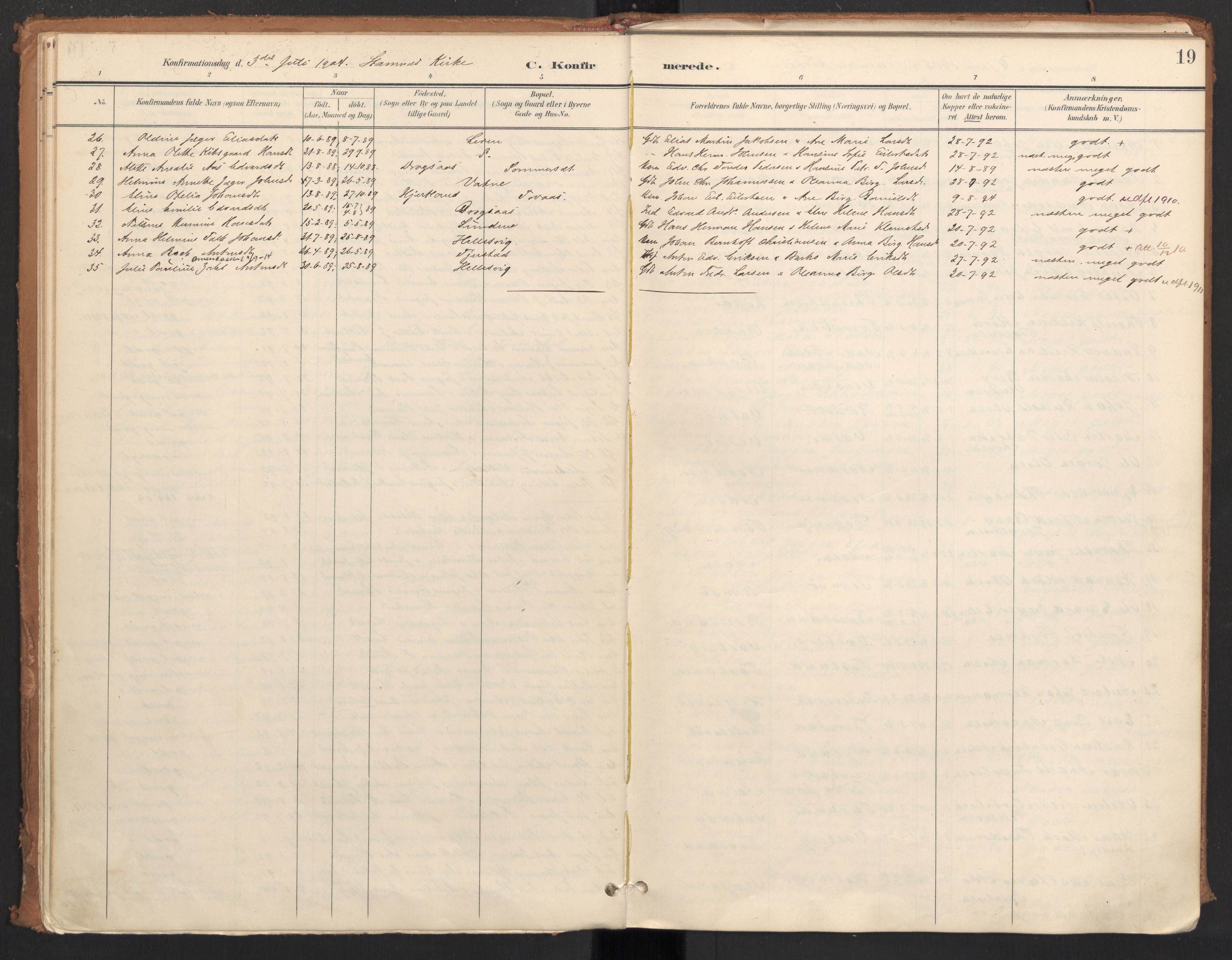Ministerialprotokoller, klokkerbøker og fødselsregistre - Nordland, SAT/A-1459/831/L0472: Parish register (official) no. 831A03, 1897-1912, p. 19