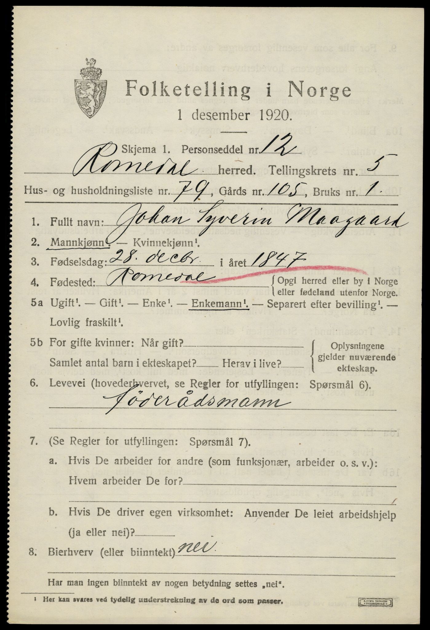 SAH, 1920 census for Romedal, 1920, p. 7767