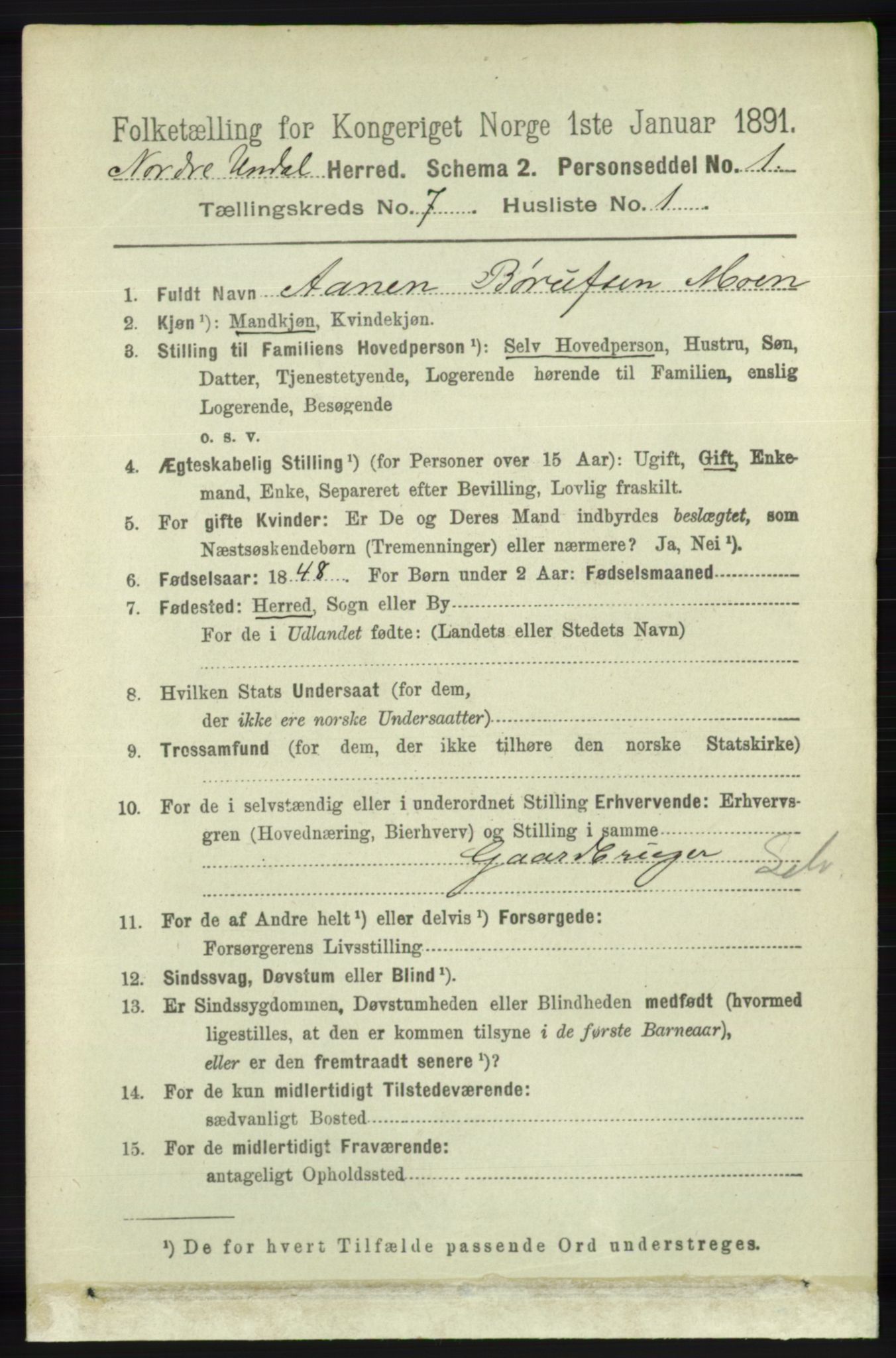 RA, 1891 census for 1028 Nord-Audnedal, 1891, p. 1784