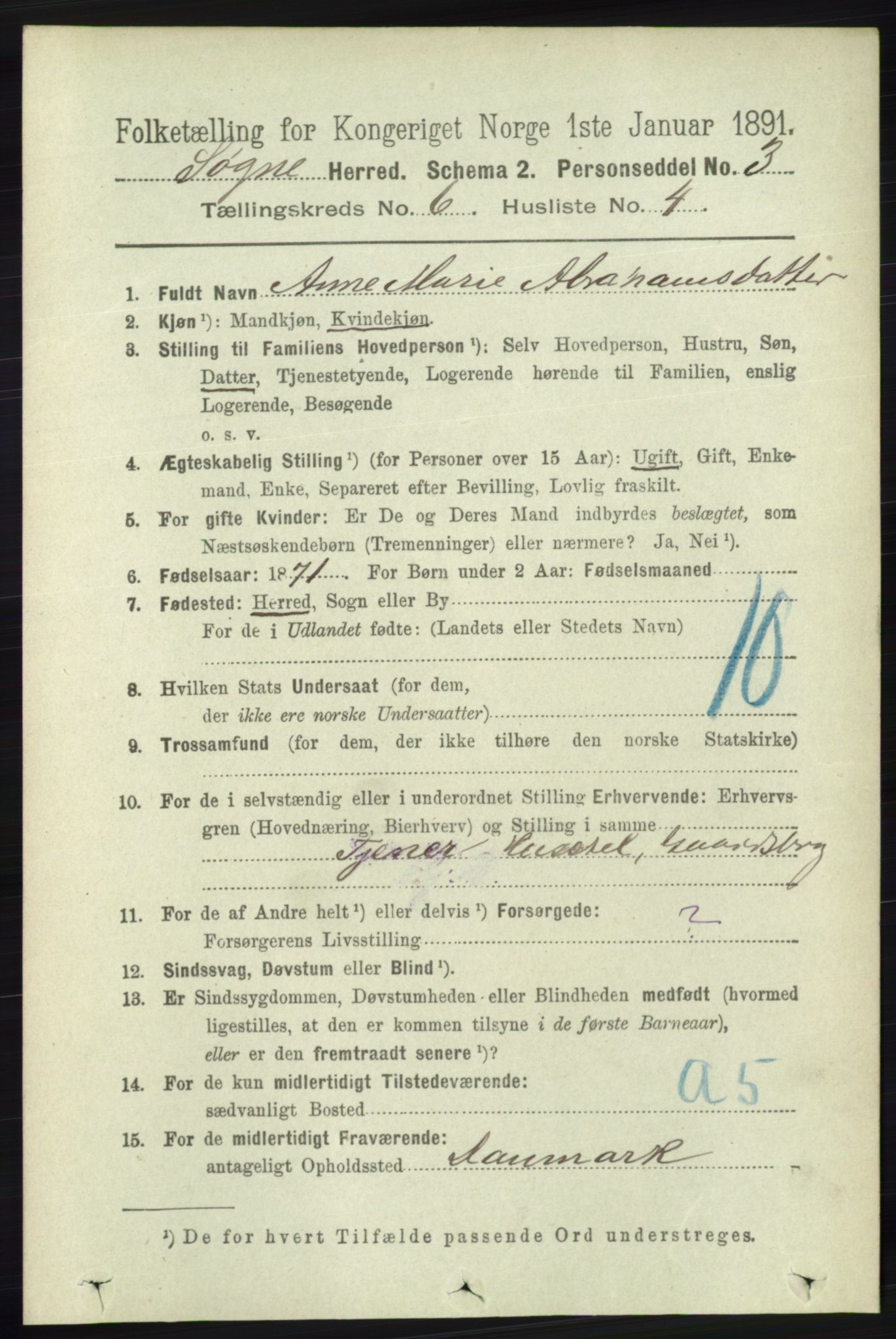RA, 1891 census for 1018 Søgne, 1891, p. 1385