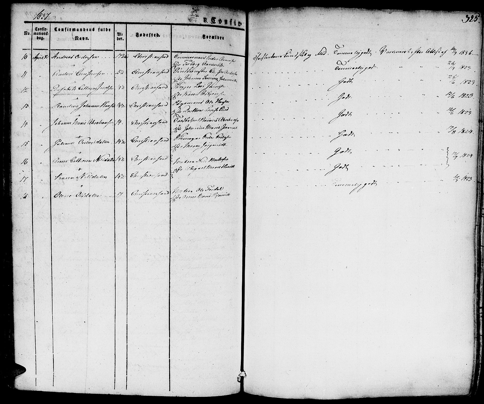 Kristiansand domprosti, SAK/1112-0006/F/Fa/L0011: Parish register (official) no. A 11, 1827-1841, p. 325