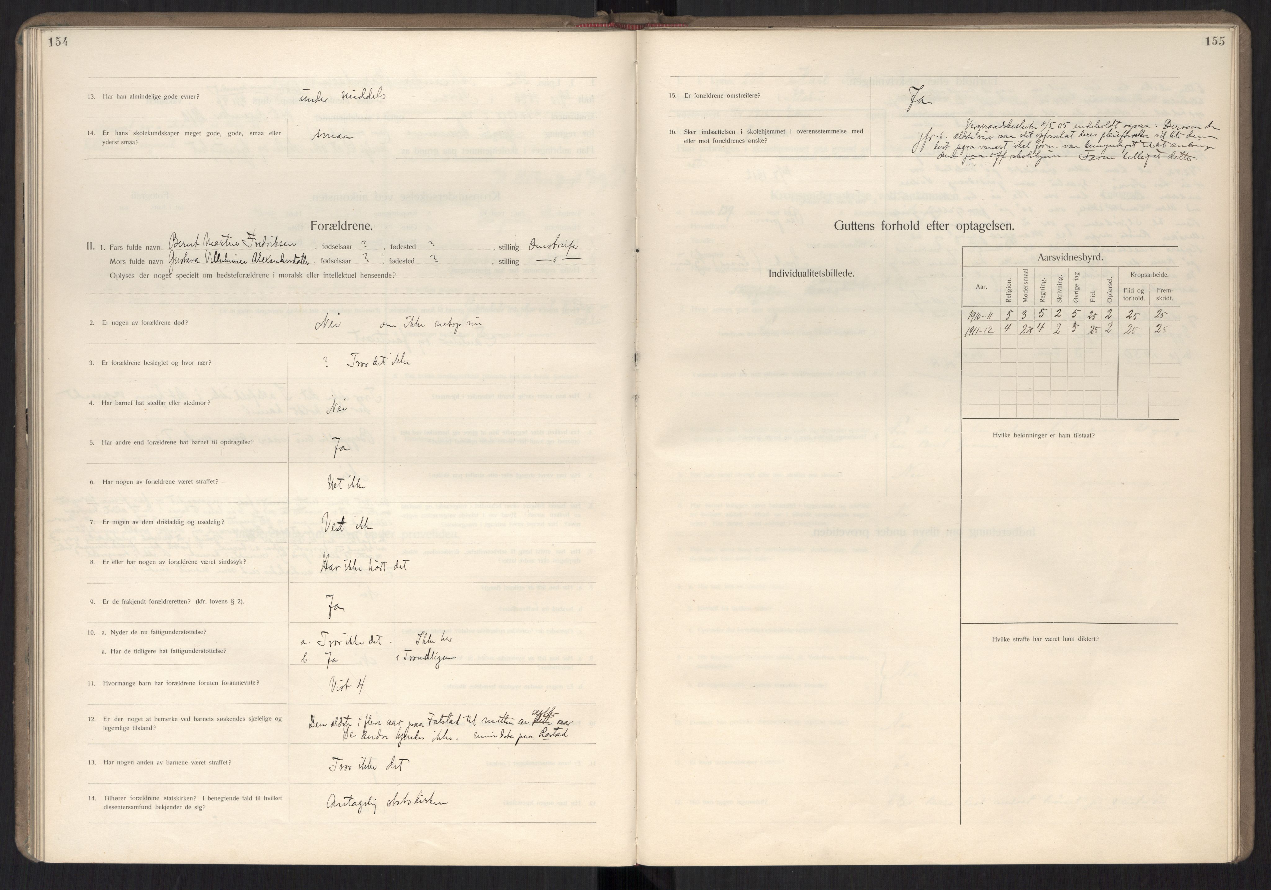 Falstad skolehjem, RA/S-1676/E/Ea/L0007: Elevprotokoll nr. 3 løpenr. 194-268, 1909-1913, p. 154-155