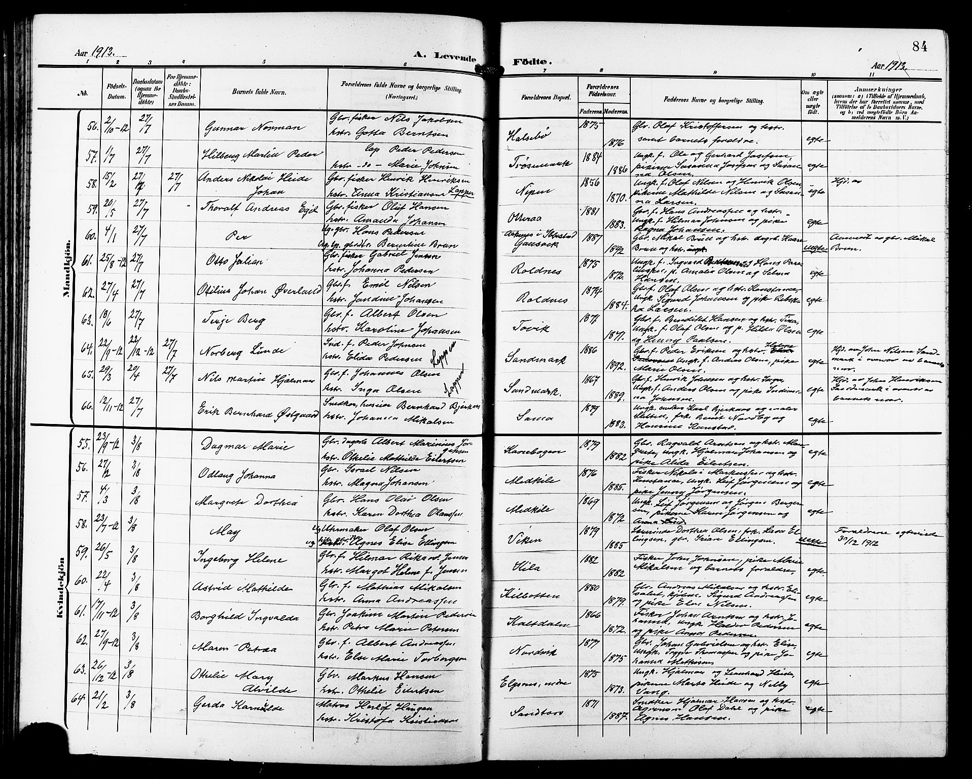 Trondenes sokneprestkontor, AV/SATØ-S-1319/H/Hb/L0012klokker: Parish register (copy) no. 12, 1907-1916, p. 84