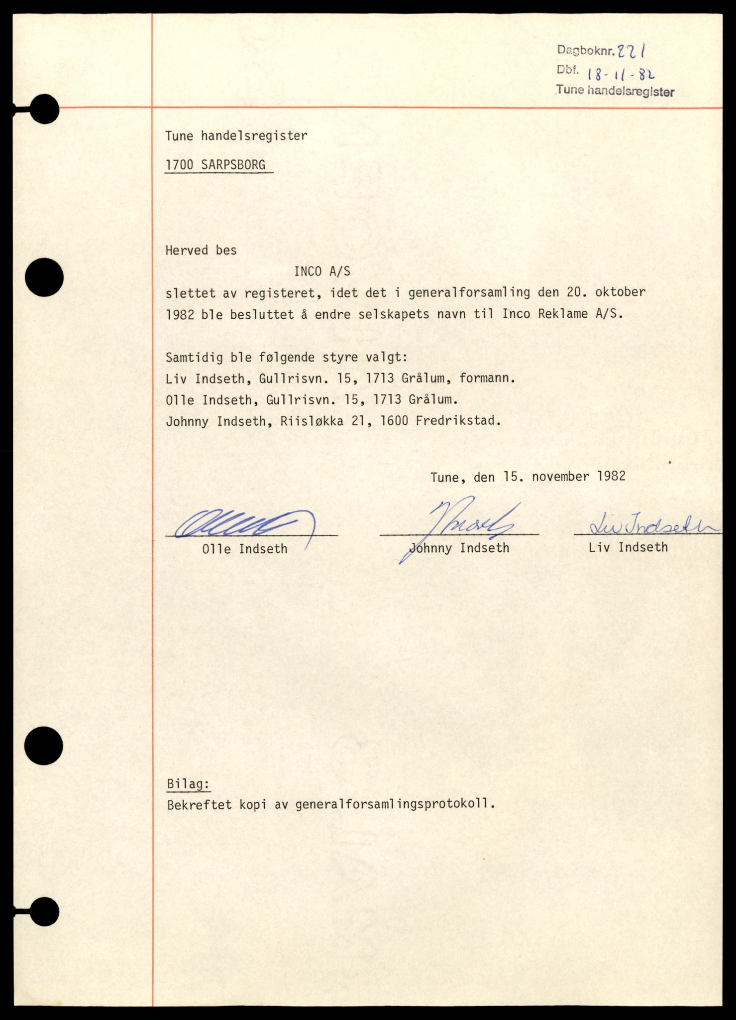 Tune sorenskriveri, SAT/A-10470/K/Ke/Kea/L0024: Enkeltmannsforetak, aksjeselskap og andelslag, I - O, 1984-1987, p. 5