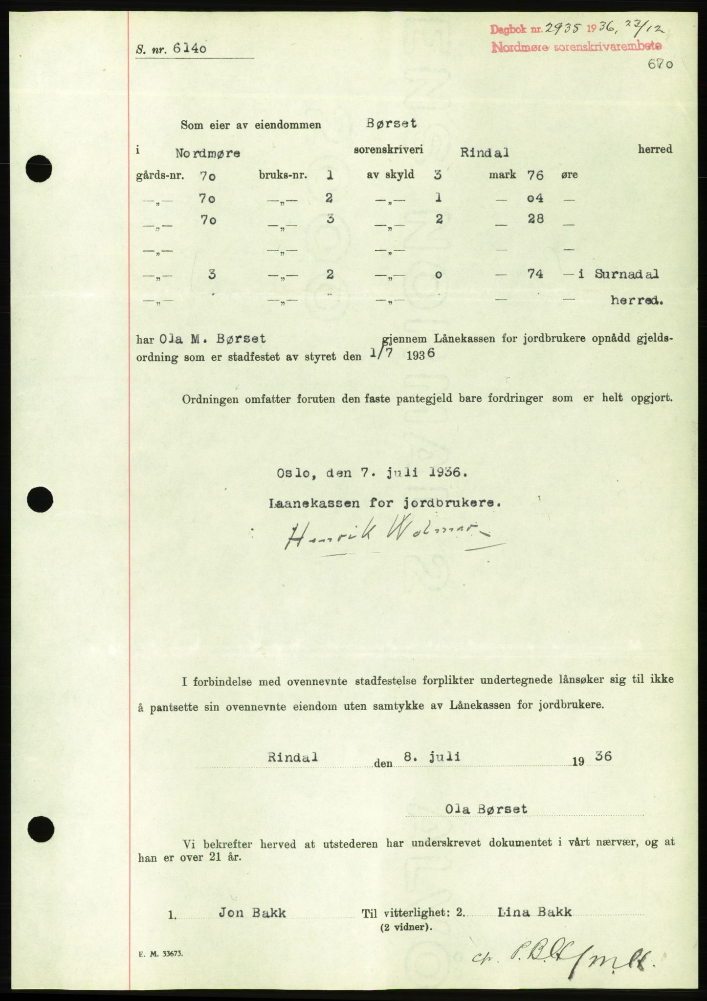 Nordmøre sorenskriveri, AV/SAT-A-4132/1/2/2Ca/L0090: Mortgage book no. B80, 1936-1937, Diary no: : 2935/1936