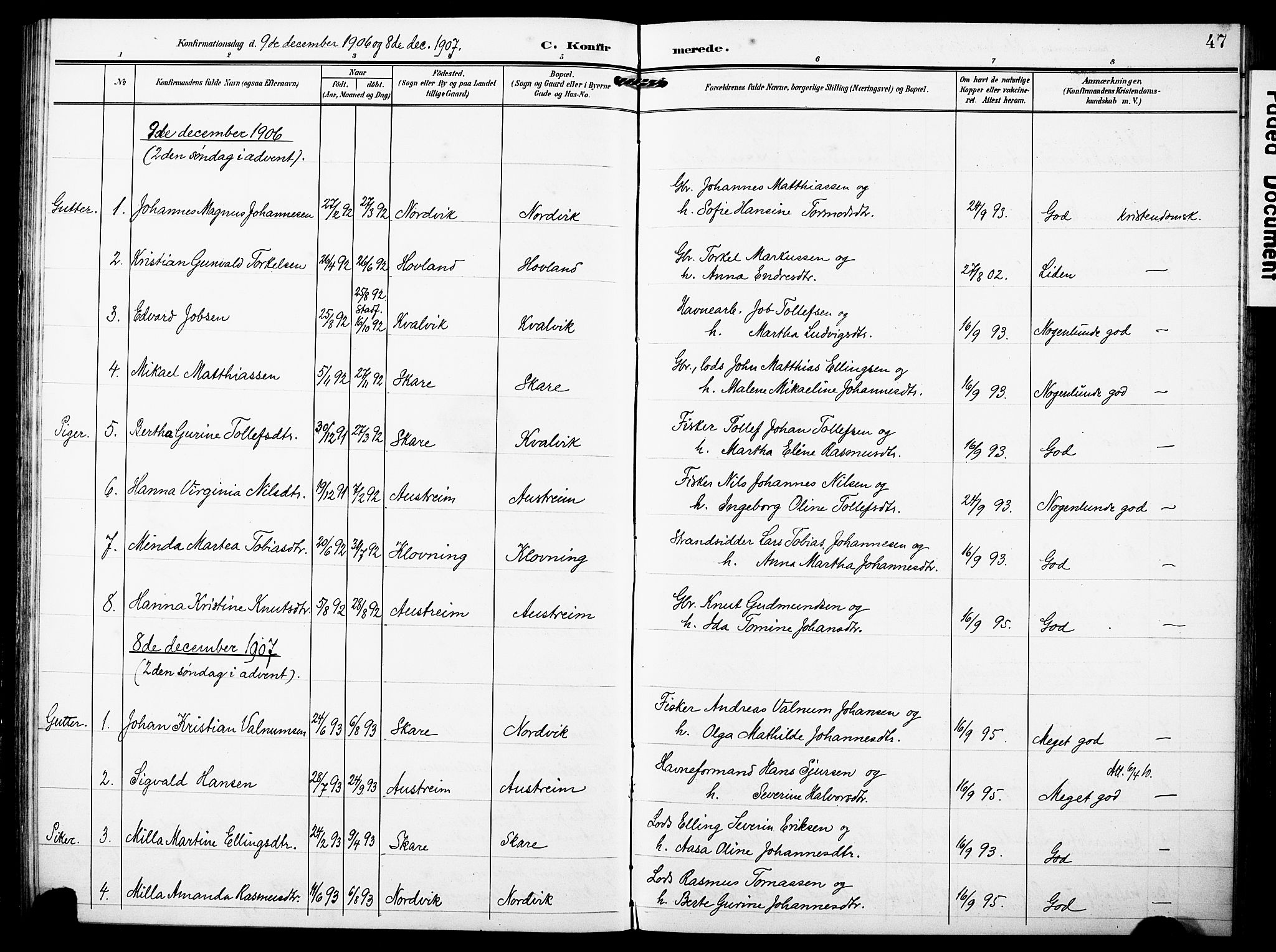 Torvastad sokneprestkontor, SAST/A -101857/H/Ha/Haa/L0018: Parish register (official) no. A 17, 1903-1925, p. 47