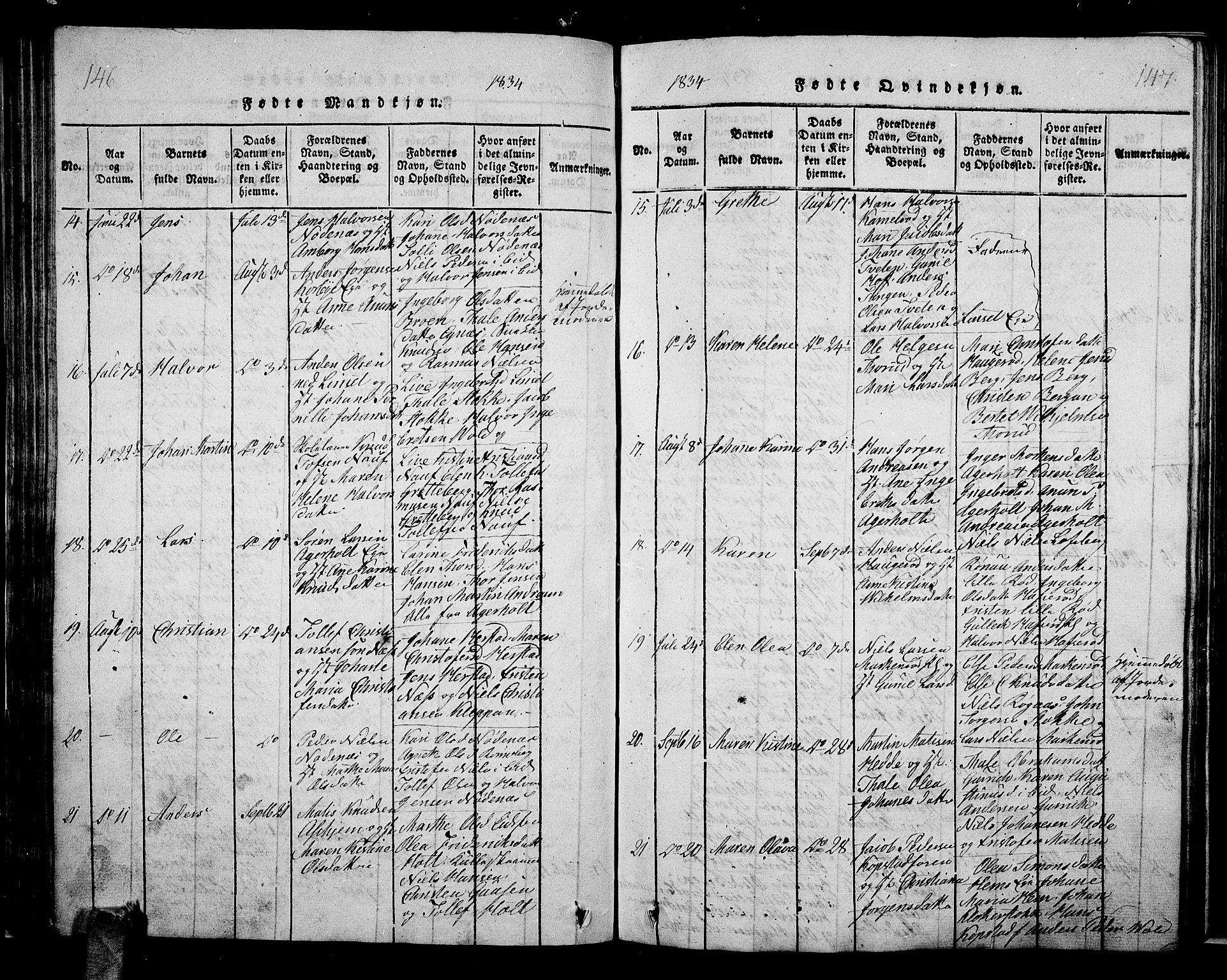 Hof kirkebøker, AV/SAKO-A-64/G/Ga/L0001: Parish register (copy) no. I 1, 1814-1844, p. 146-147