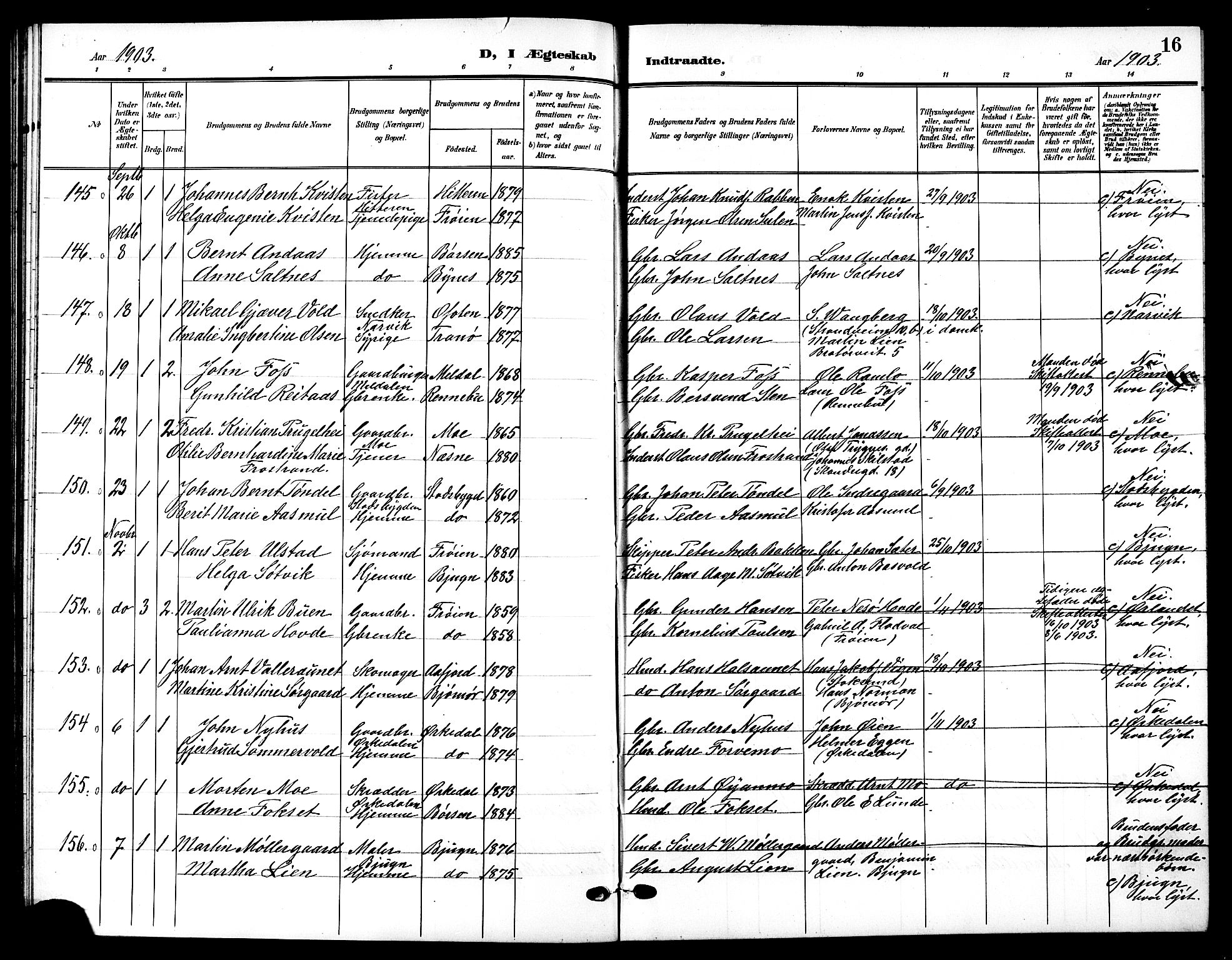 Ministerialprotokoller, klokkerbøker og fødselsregistre - Sør-Trøndelag, AV/SAT-A-1456/601/L0095: Parish register (copy) no. 601C13, 1902-1911, p. 16