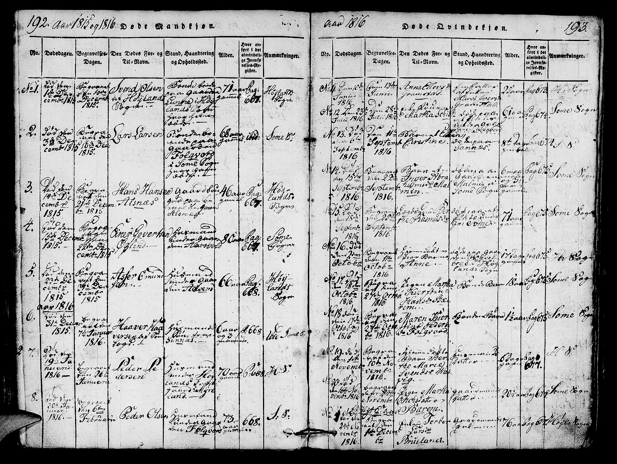 Høyland sokneprestkontor, SAST/A-101799/001/30BA/L0006: Parish register (official) no. A 6, 1815-1825, p. 192-193