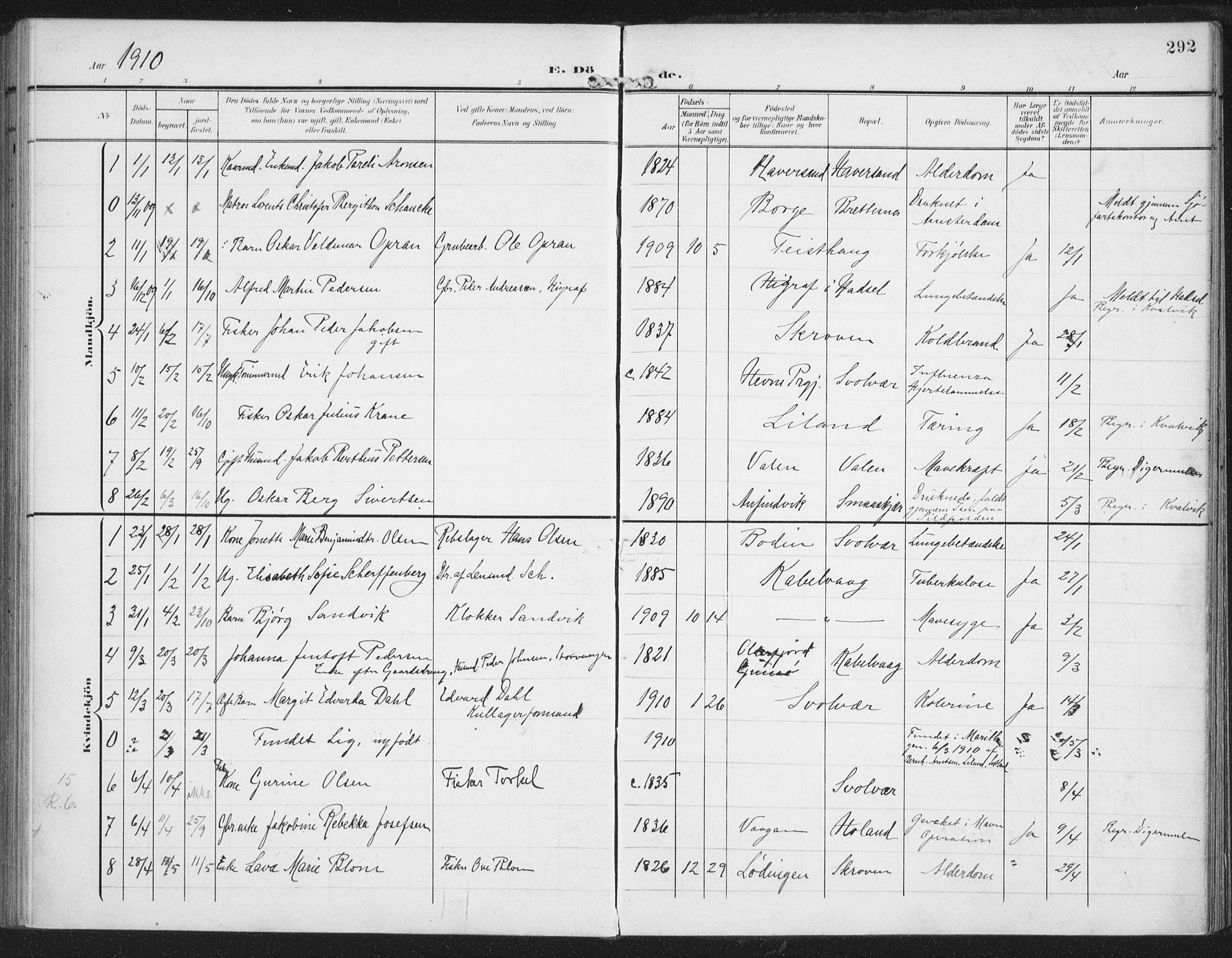 Ministerialprotokoller, klokkerbøker og fødselsregistre - Nordland, AV/SAT-A-1459/874/L1063: Parish register (official) no. 874A07, 1907-1915, p. 292