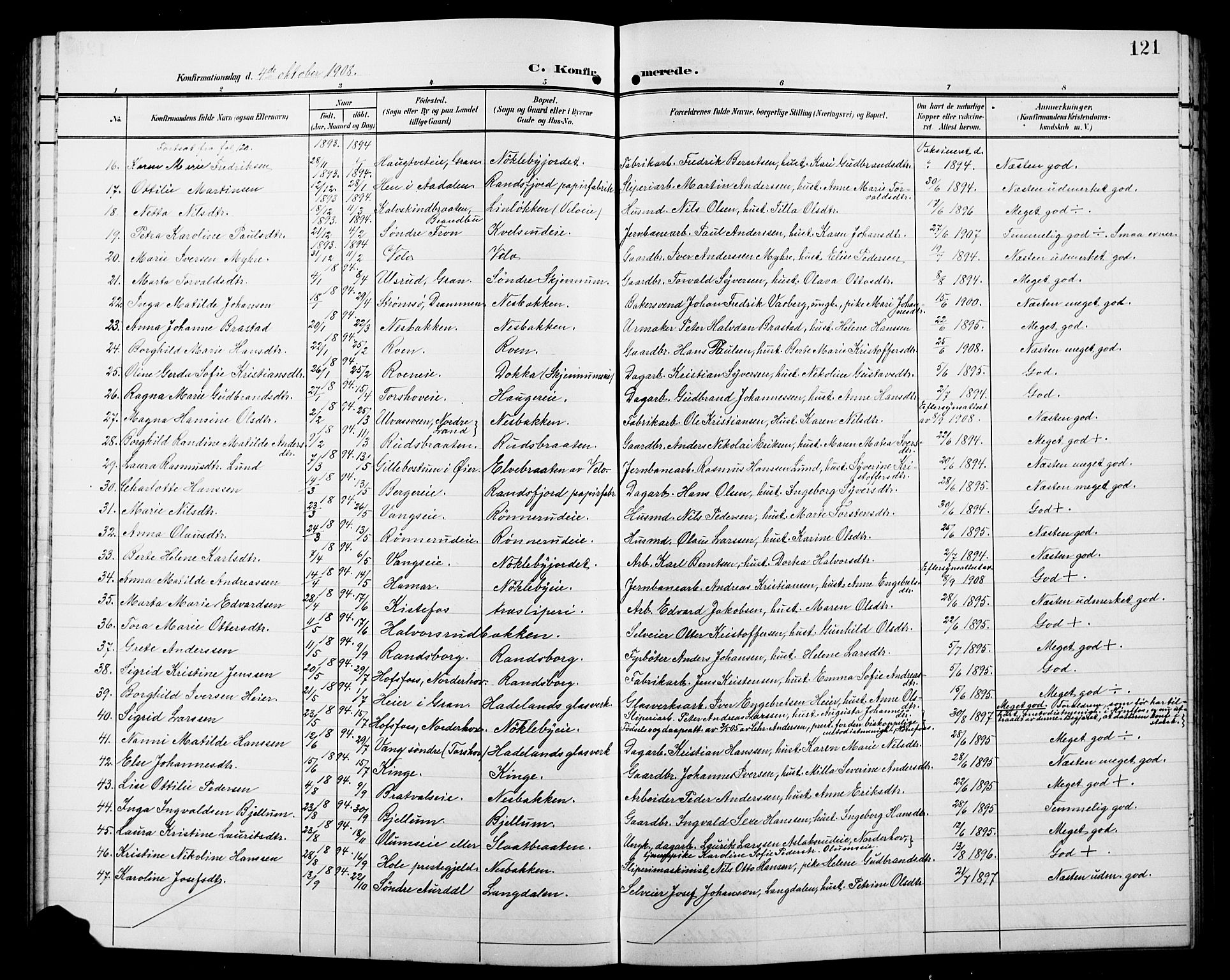 Jevnaker prestekontor, SAH/PREST-116/H/Ha/Hab/L0004: Parish register (copy) no. 4, 1907-1918, p. 121