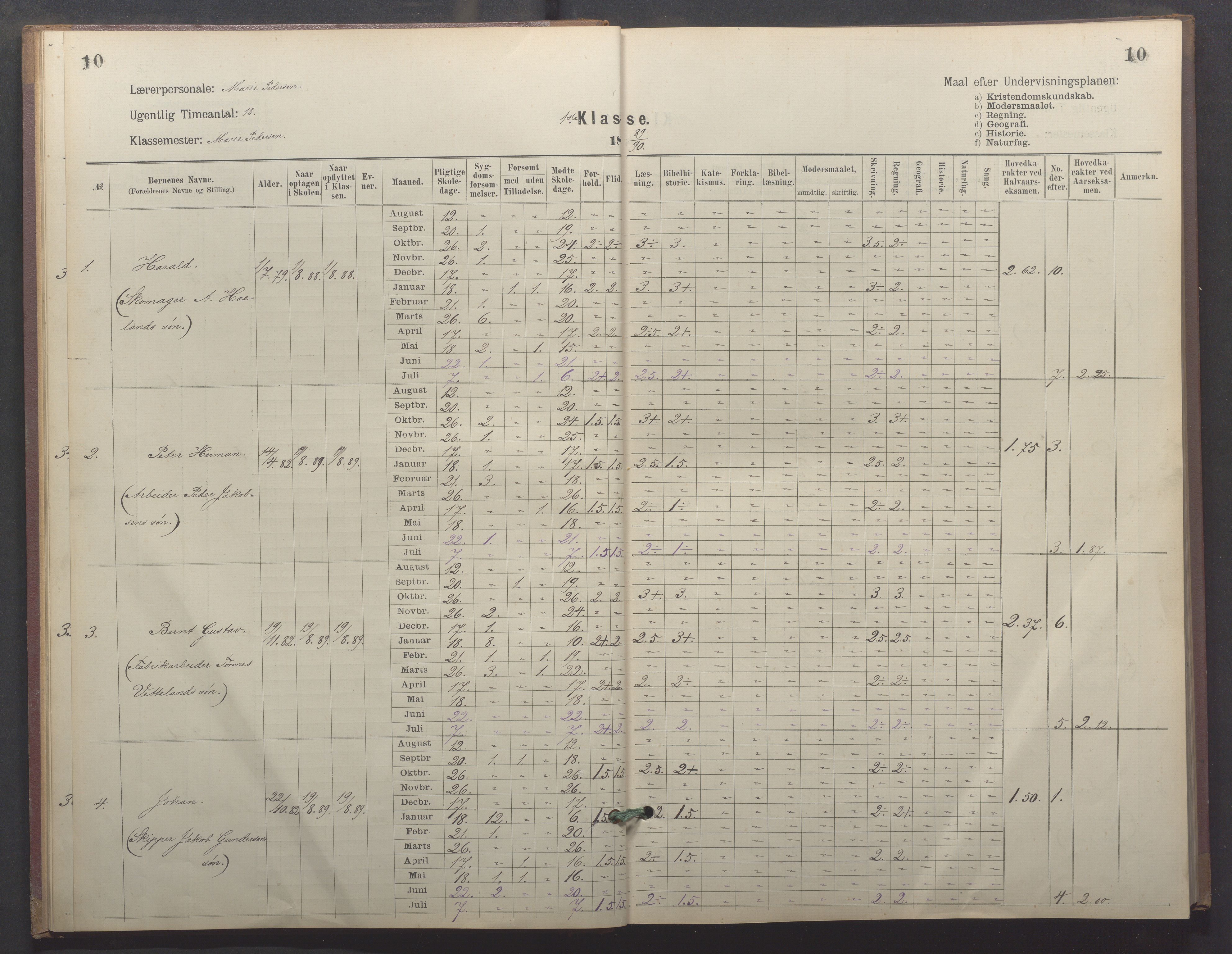 Egersund kommune (Ladested) - Egersund almueskole/folkeskole, IKAR/K-100521/H/L0026: Skoleprotokoll - Almueskolen, 1. klasse, 1889-1893, p. 10