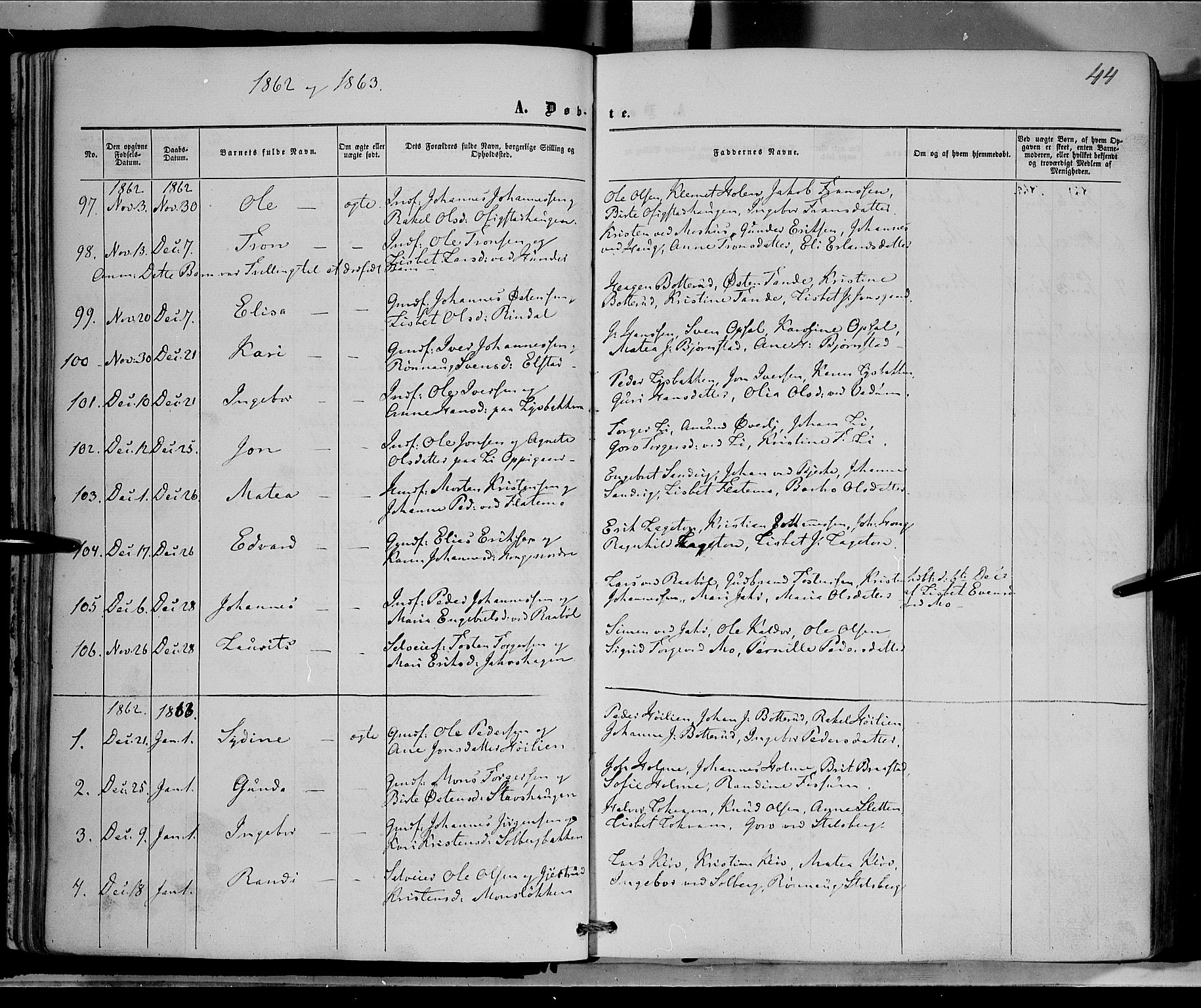 Øyer prestekontor, SAH/PREST-084/H/Ha/Haa/L0006: Parish register (official) no. 6, 1858-1874, p. 44