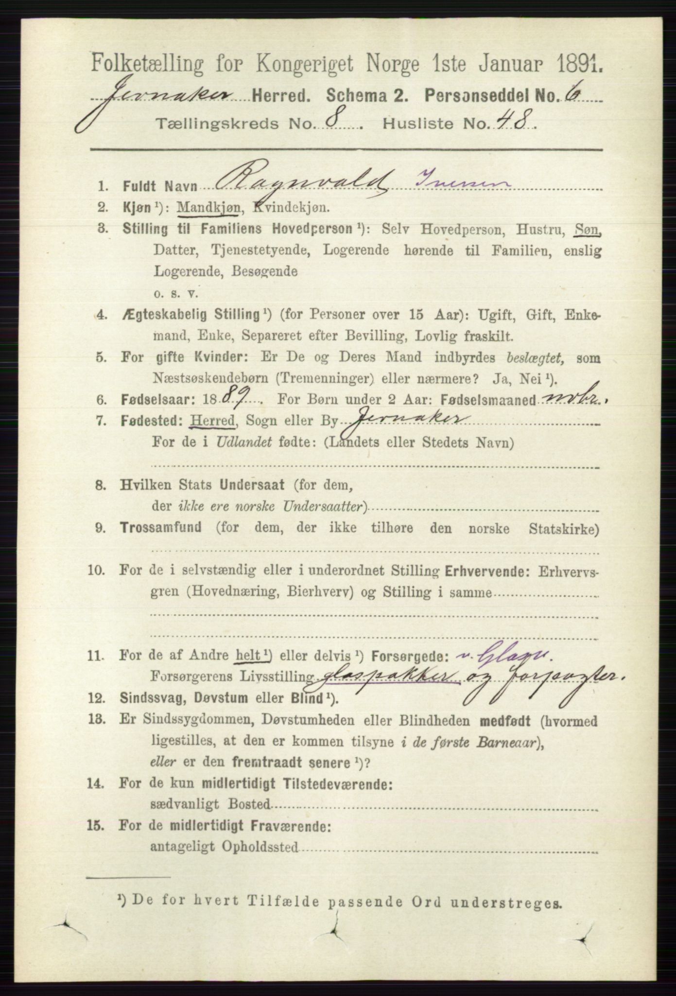 RA, 1891 census for 0532 Jevnaker, 1891, p. 4644