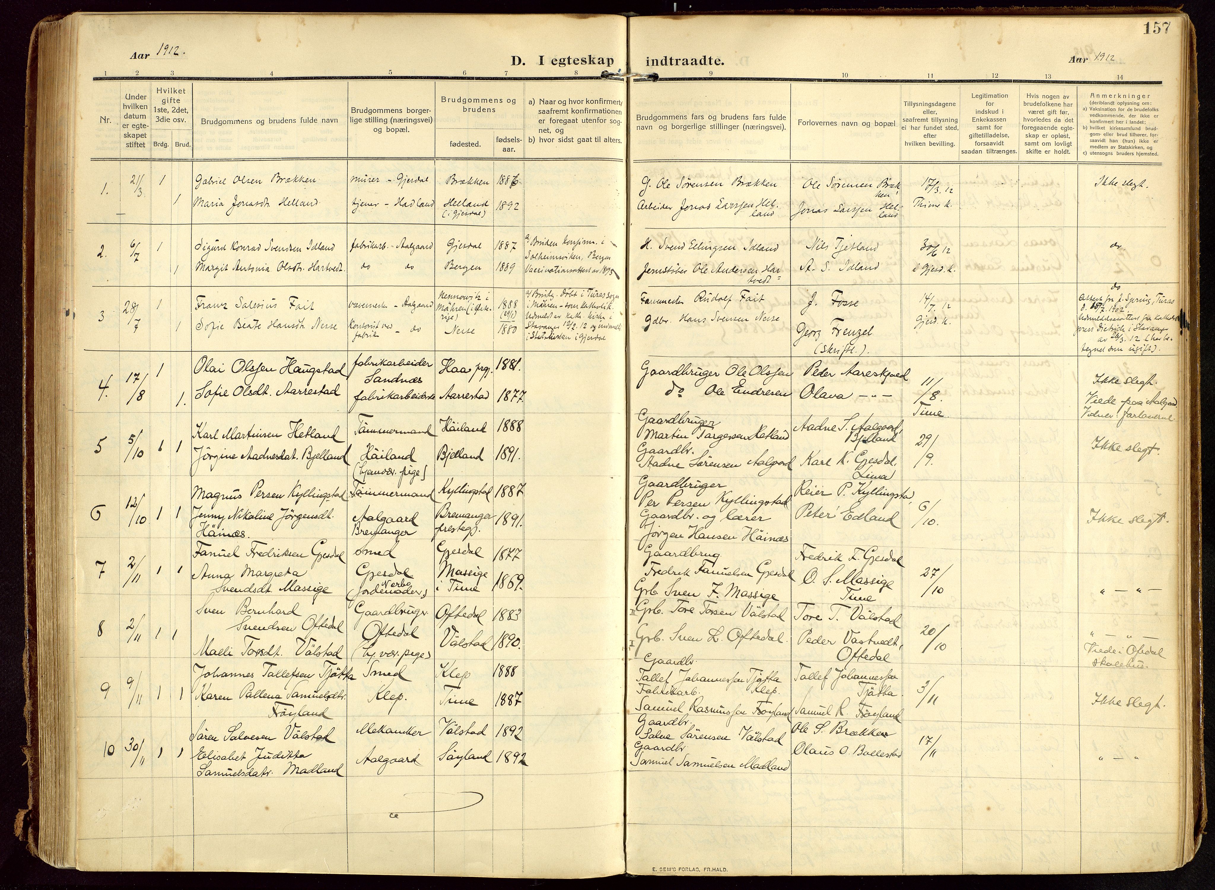 Lye sokneprestkontor, SAST/A-101794/002/B/L0001: Parish register (official) no. A 13, 1910-1925, p. 157