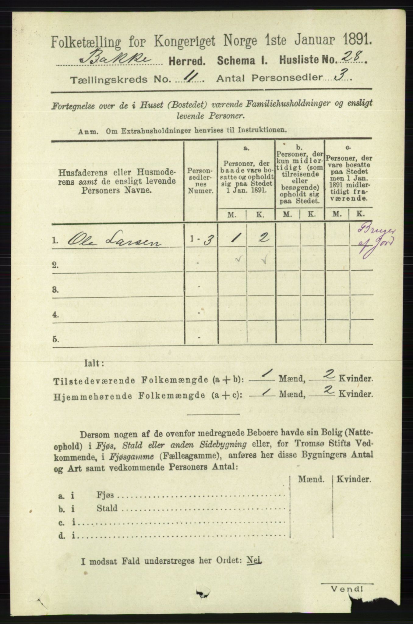 RA, 1891 census for 1045 Bakke, 1891, p. 2231