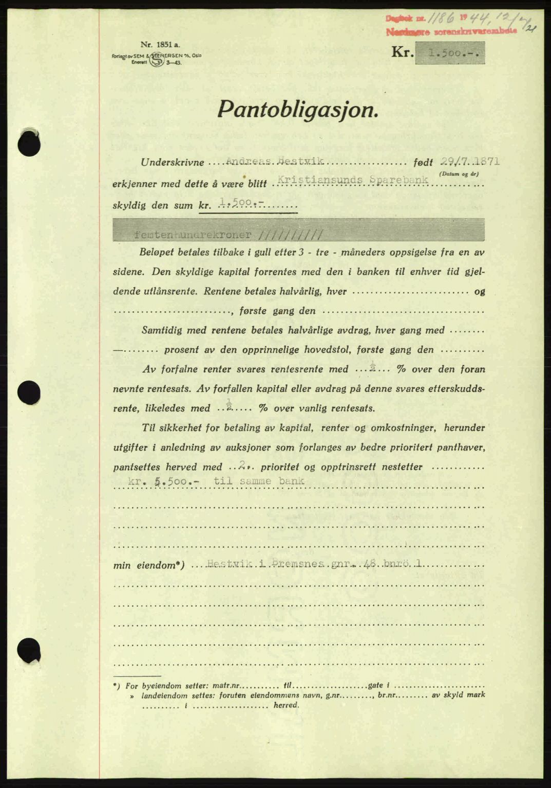 Nordmøre sorenskriveri, AV/SAT-A-4132/1/2/2Ca: Mortgage book no. B92, 1944-1945, Diary no: : 1186/1944