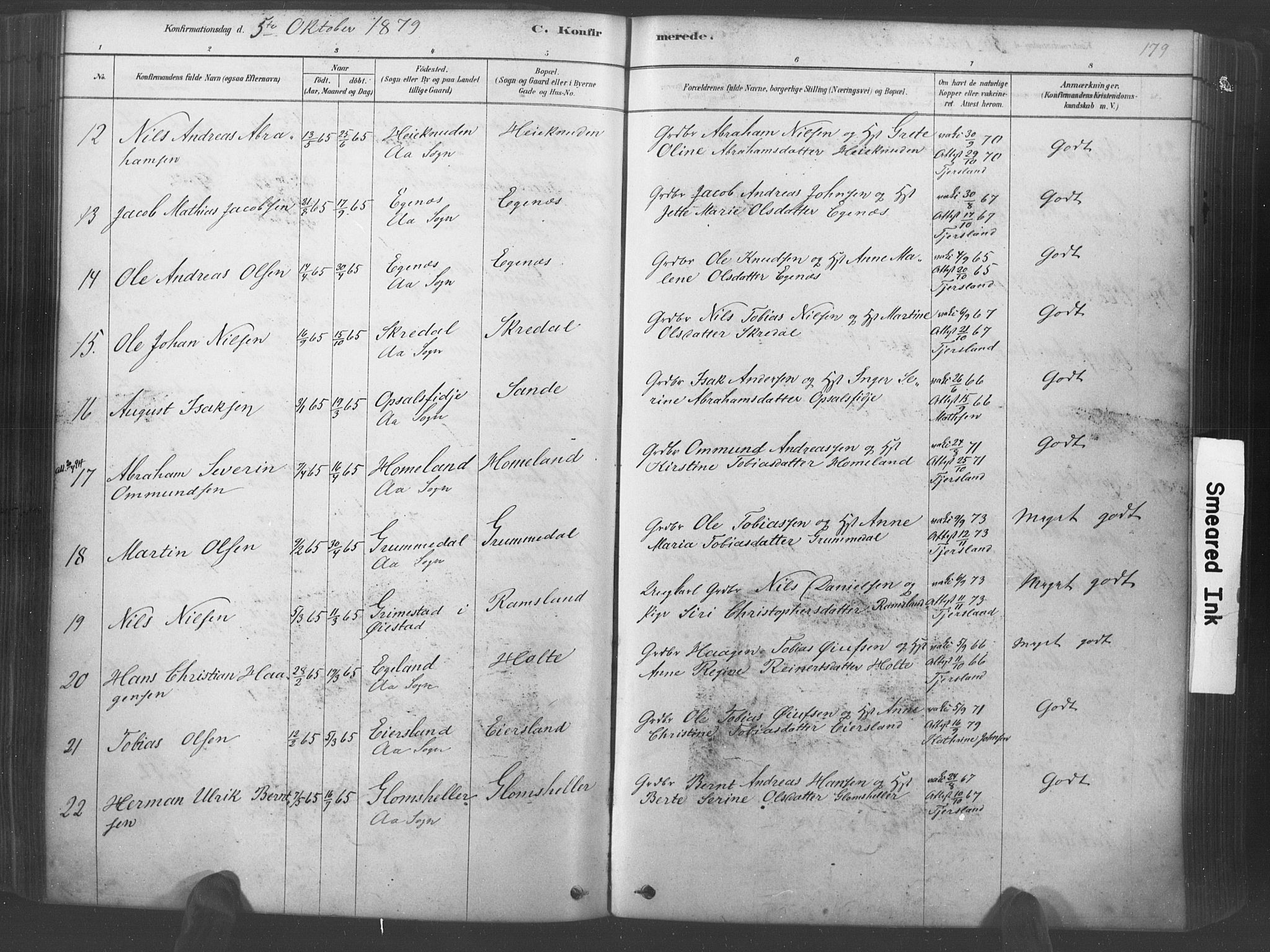 Lyngdal sokneprestkontor, AV/SAK-1111-0029/F/Fa/Fac/L0011: Parish register (official) no. A 11, 1878-1893, p. 179