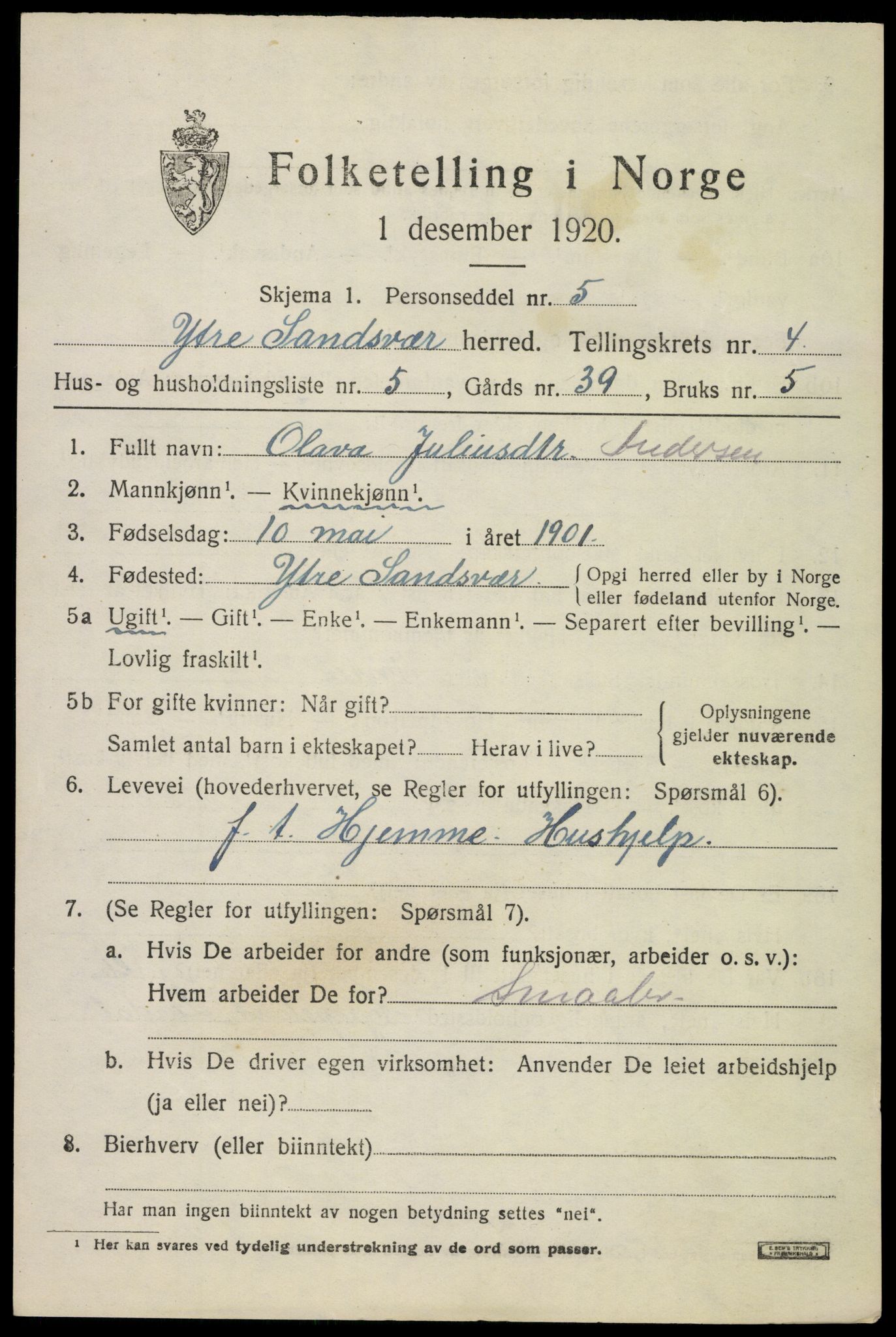 SAKO, 1920 census for Ytre Sandsvær, 1920, p. 4440