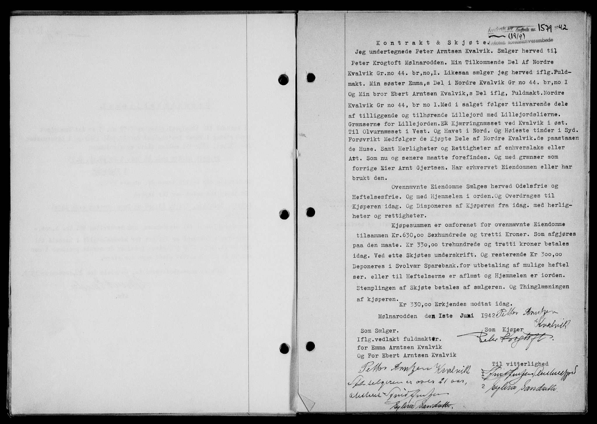 Lofoten sorenskriveri, SAT/A-0017/1/2/2C/L0010a: Mortgage book no. 10a, 1942-1943, Diary no: : 1579/1942