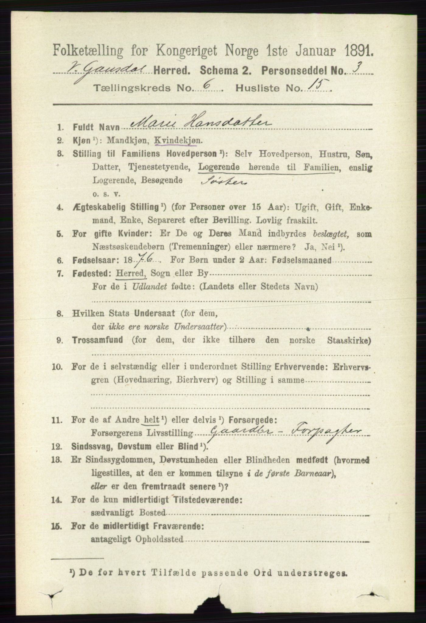 RA, 1891 census for 0523 Vestre Gausdal, 1891, p. 2654