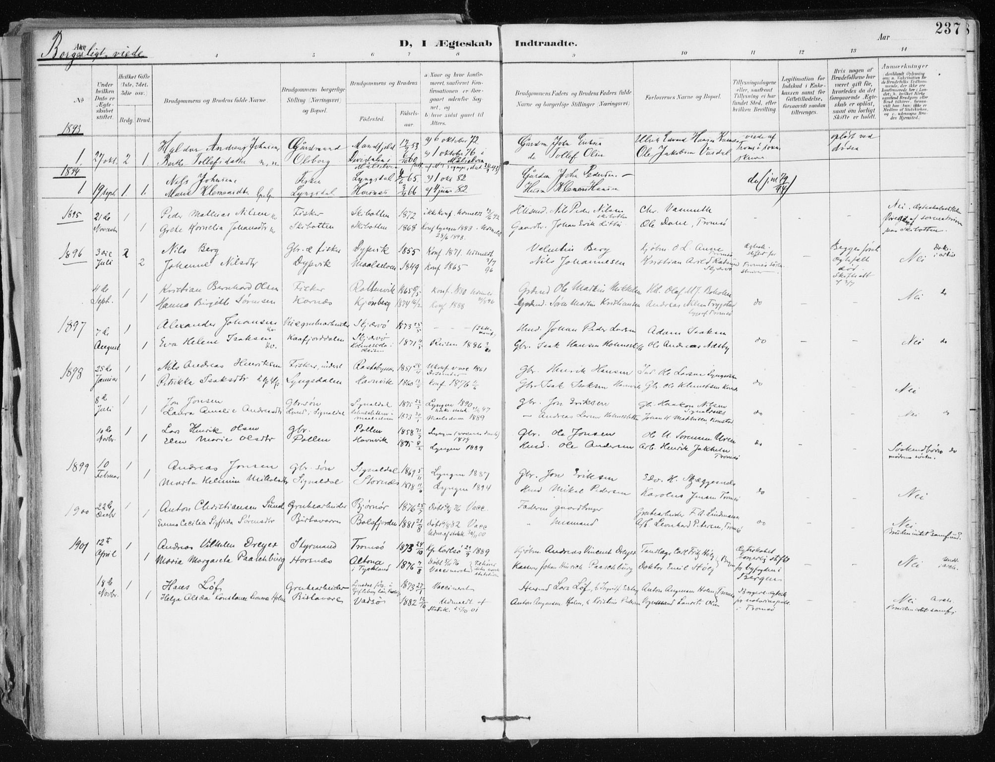 Lyngen sokneprestembete, AV/SATØ-S-1289/H/He/Hea/L0008kirke: Parish register (official) no. 8, 1891-1902, p. 237