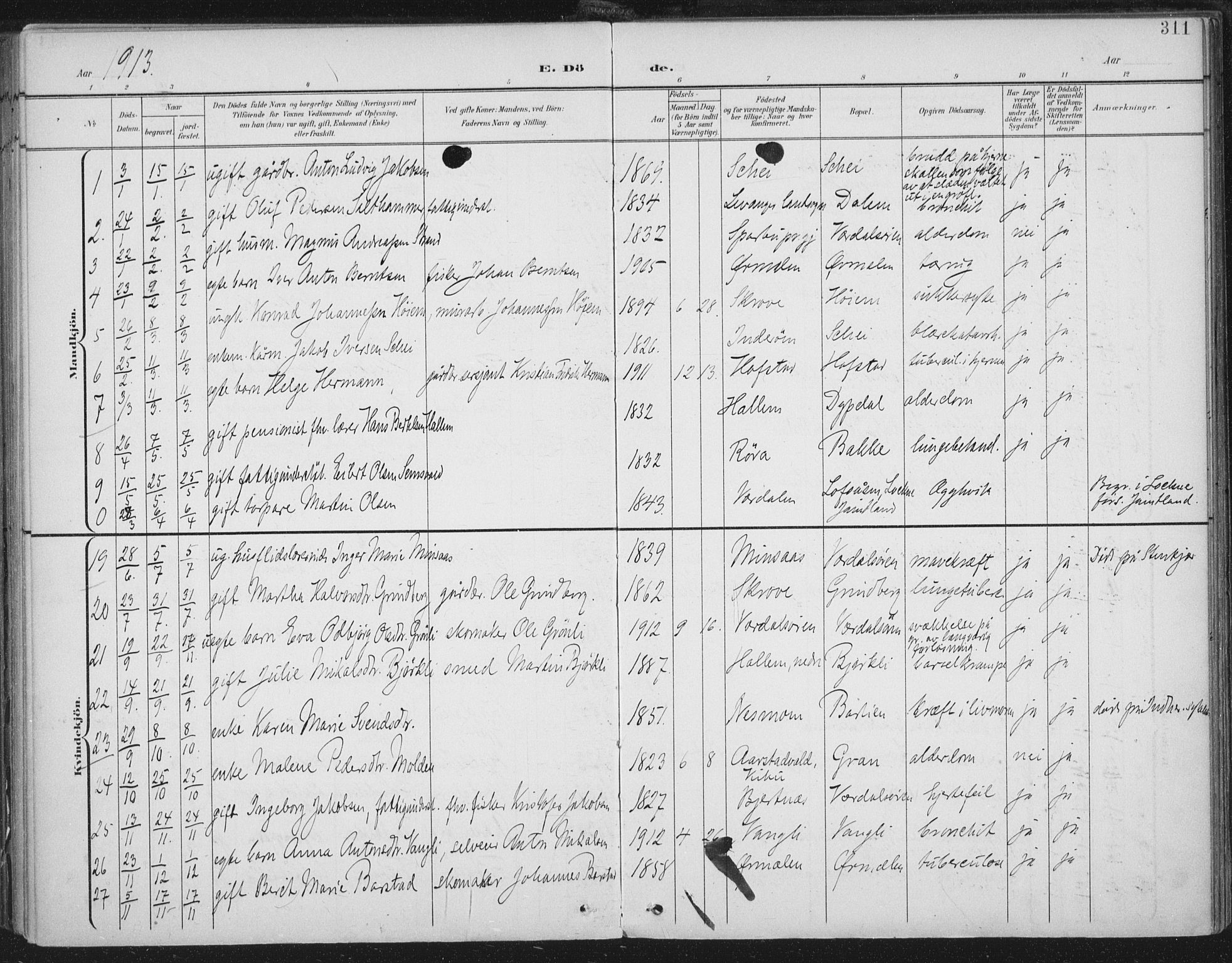 Ministerialprotokoller, klokkerbøker og fødselsregistre - Nord-Trøndelag, SAT/A-1458/723/L0246: Parish register (official) no. 723A15, 1900-1917, p. 311