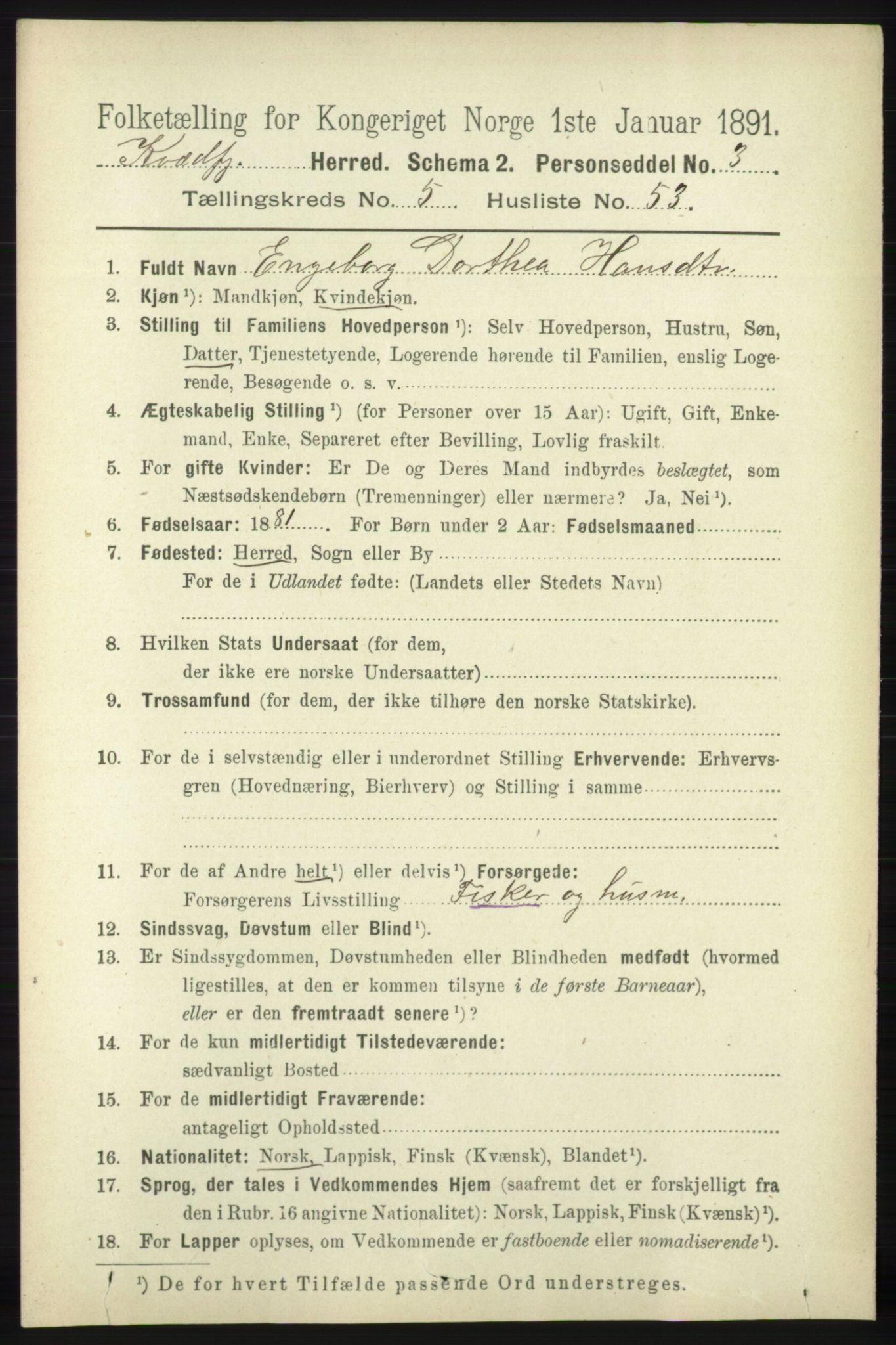 RA, 1891 census for 1911 Kvæfjord, 1891, p. 3167