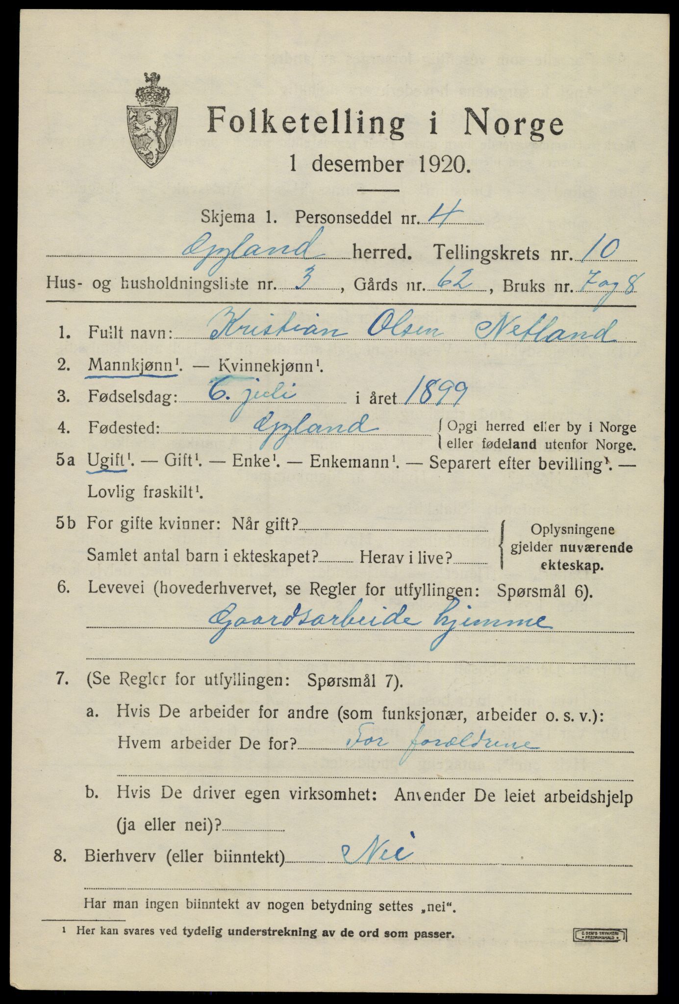 SAK, 1920 census for Gyland, 1920, p. 2200
