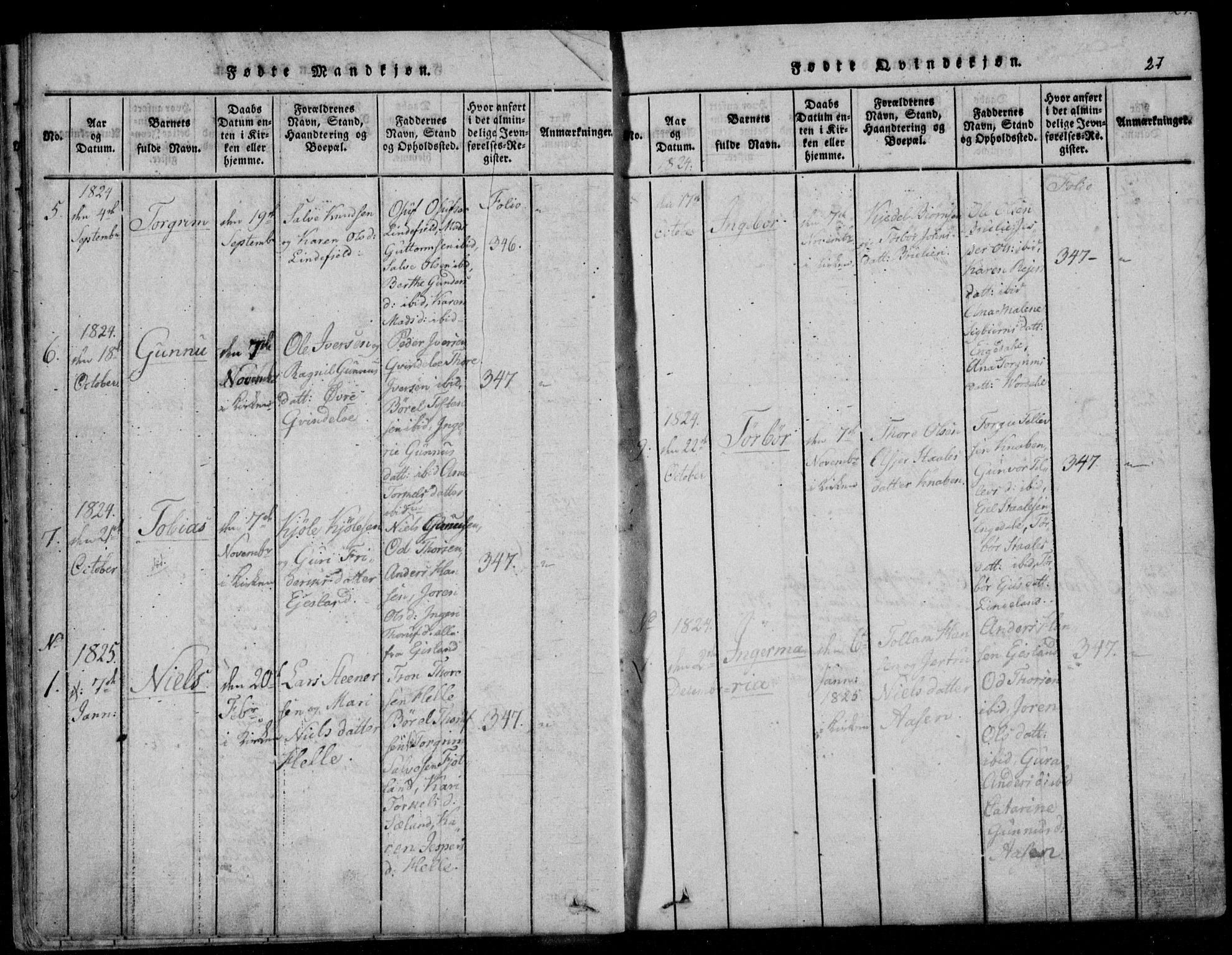 Fjotland sokneprestkontor, AV/SAK-1111-0010/F/Fb/L0001: Parish register (copy) no. B 1, 1816-1849, p. 27