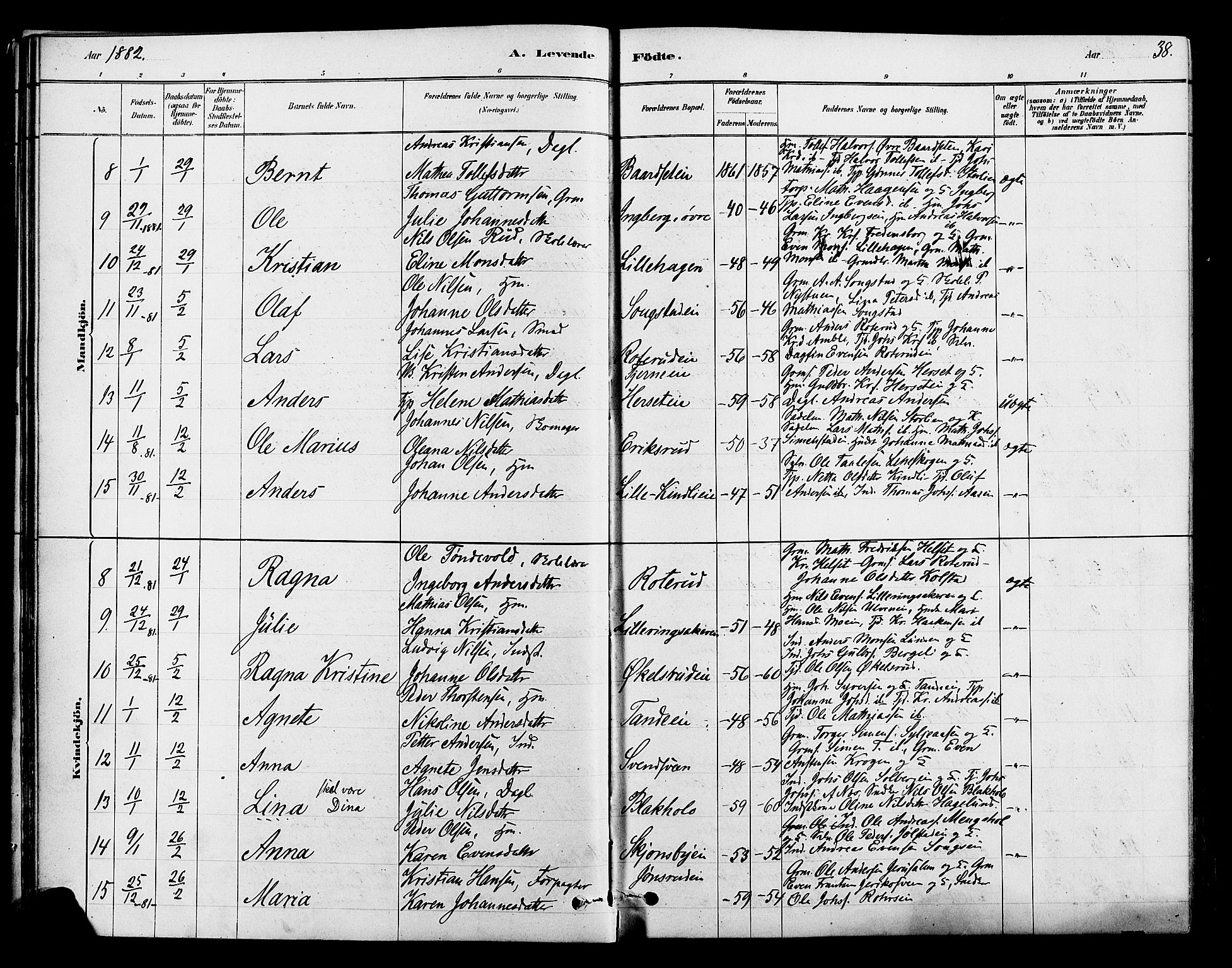 Ringsaker prestekontor, AV/SAH-PREST-014/L/La/L0009: Parish register (copy) no. 9, 1879-1890, p. 38