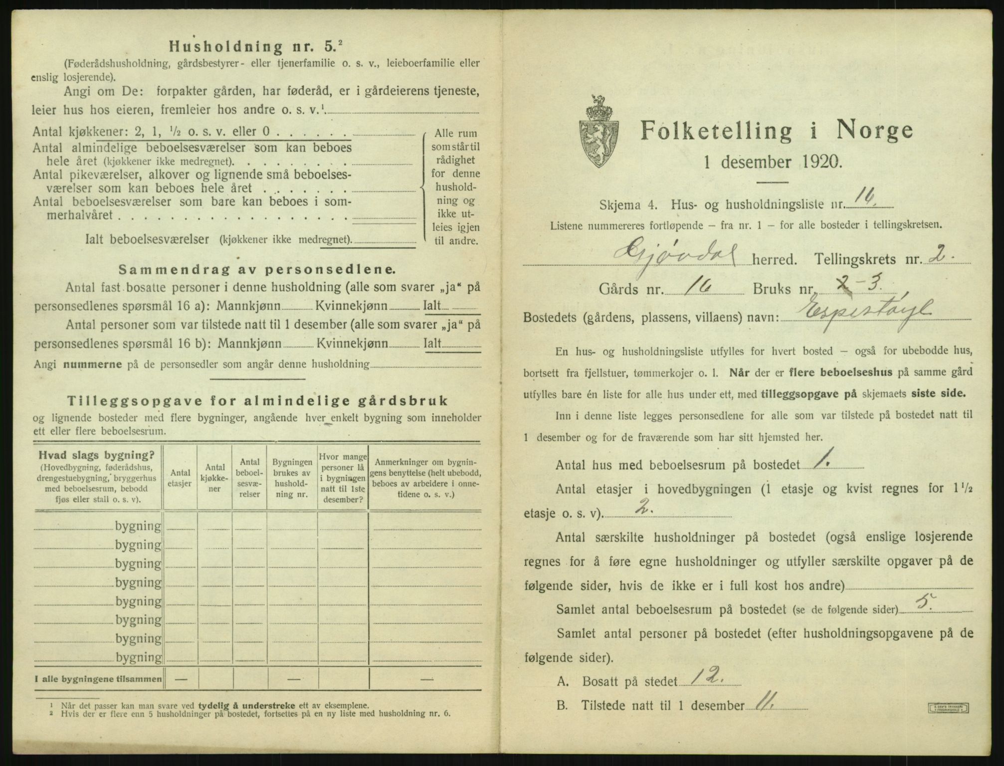 SAK, 1920 census for Gjøvdal, 1920, p. 154