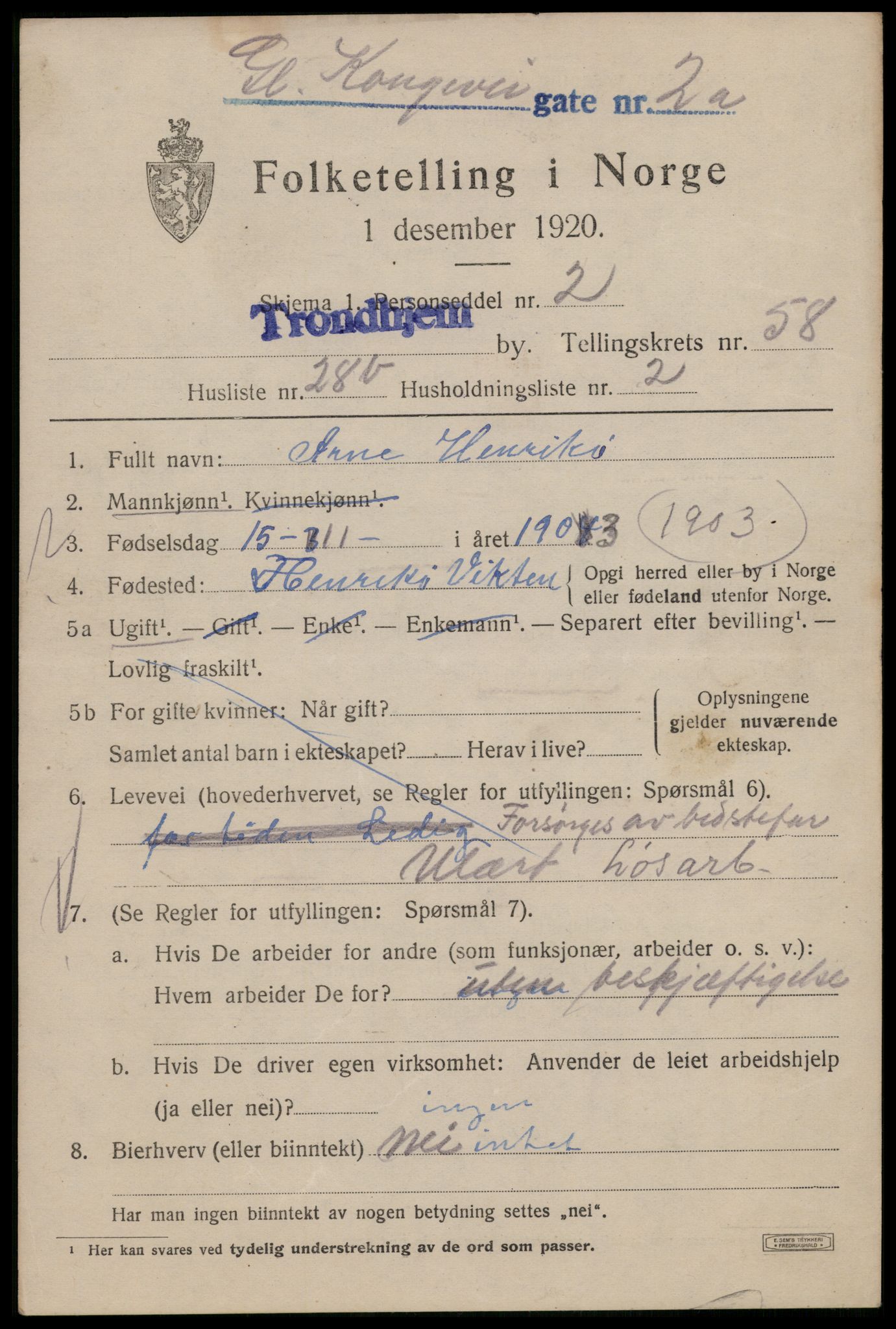 SAT, 1920 census for Trondheim, 1920, p. 118282